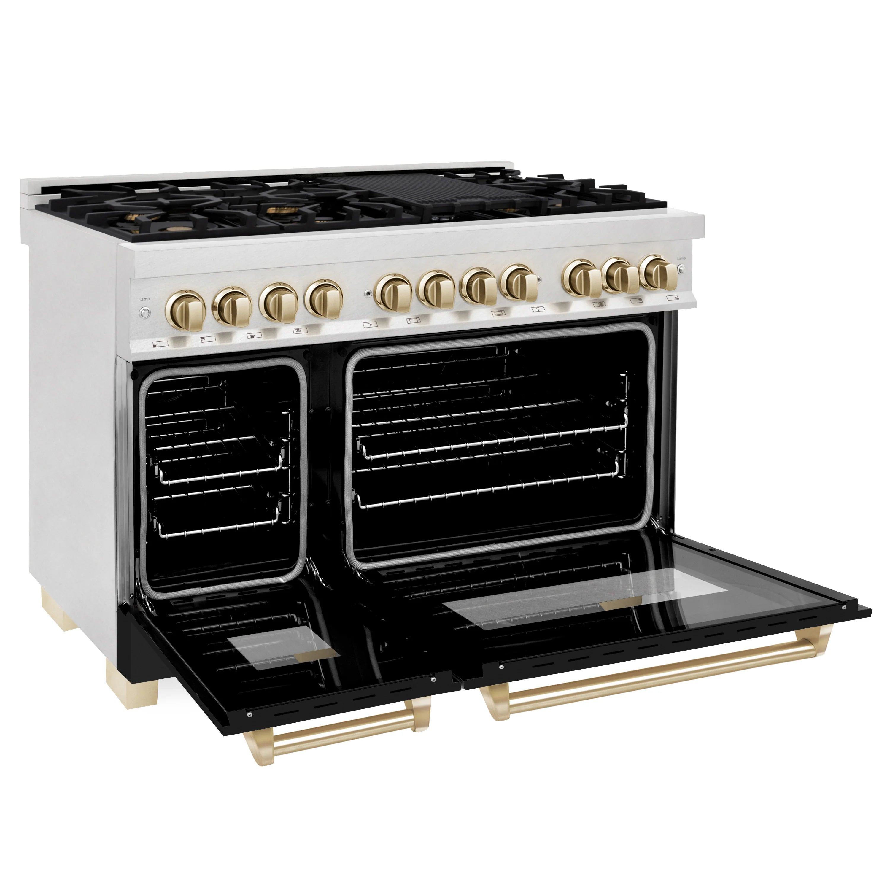 Dual fuel range with black matte oven doors, gold knobs, and gas cooktop burners