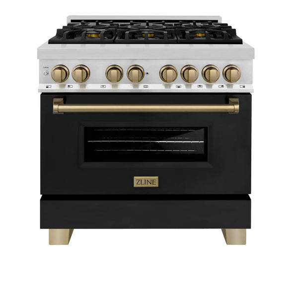 ZLINE Autograph Edition 36-Inch 4.6 cu. ft. Dual Fuel Range with Gas Stove and Electric Oven in Stainless Steel with Black Matte Door and Champagne Bronze Accents (RAZ-BLM-36-CB)