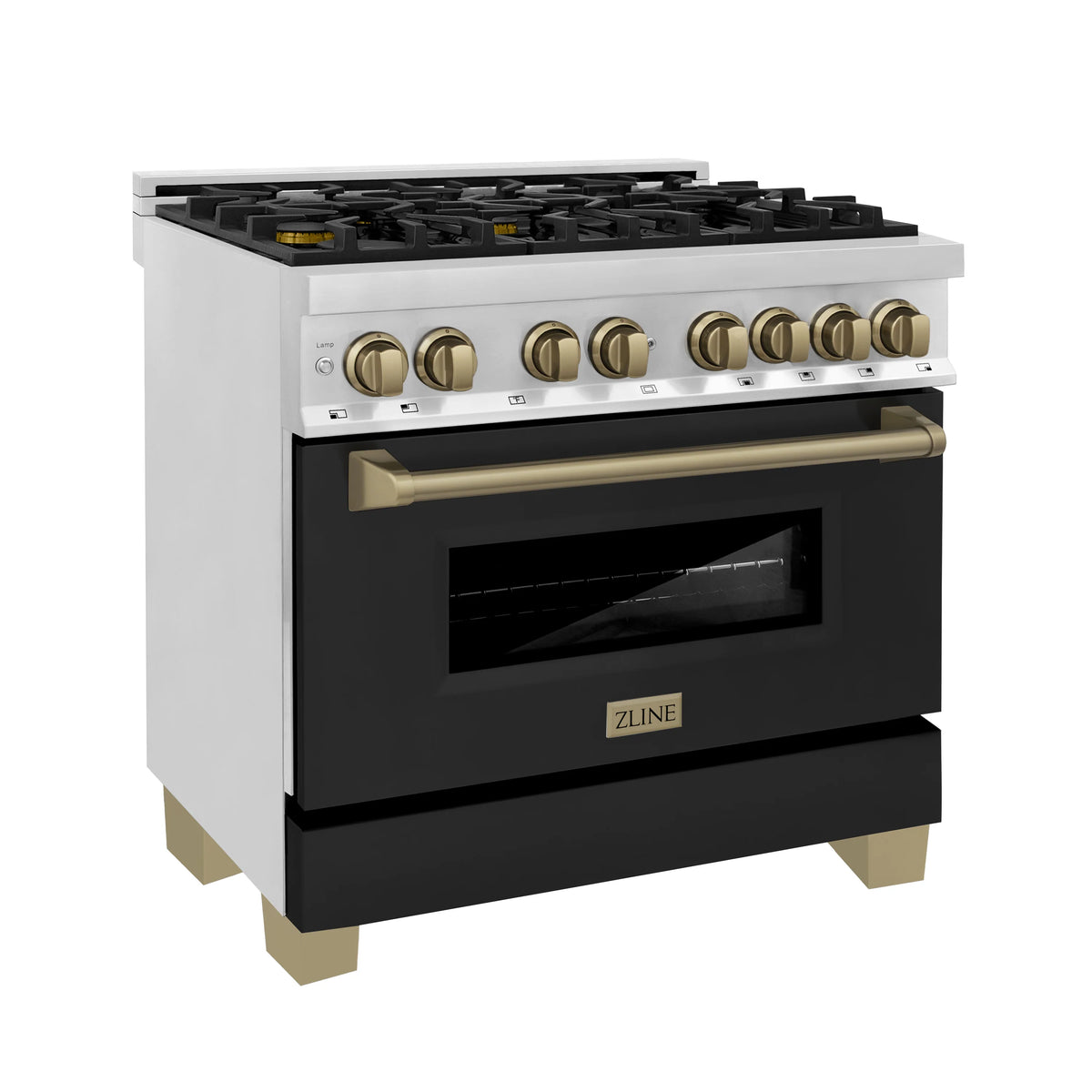 Dual fuel range front view with champagne bronze knobs and black oven window