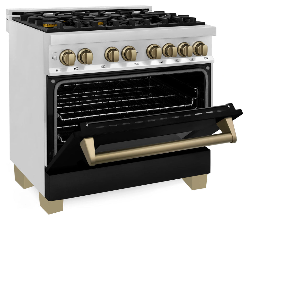 Dual fuel range side view with oven door open and champagne bronze handle