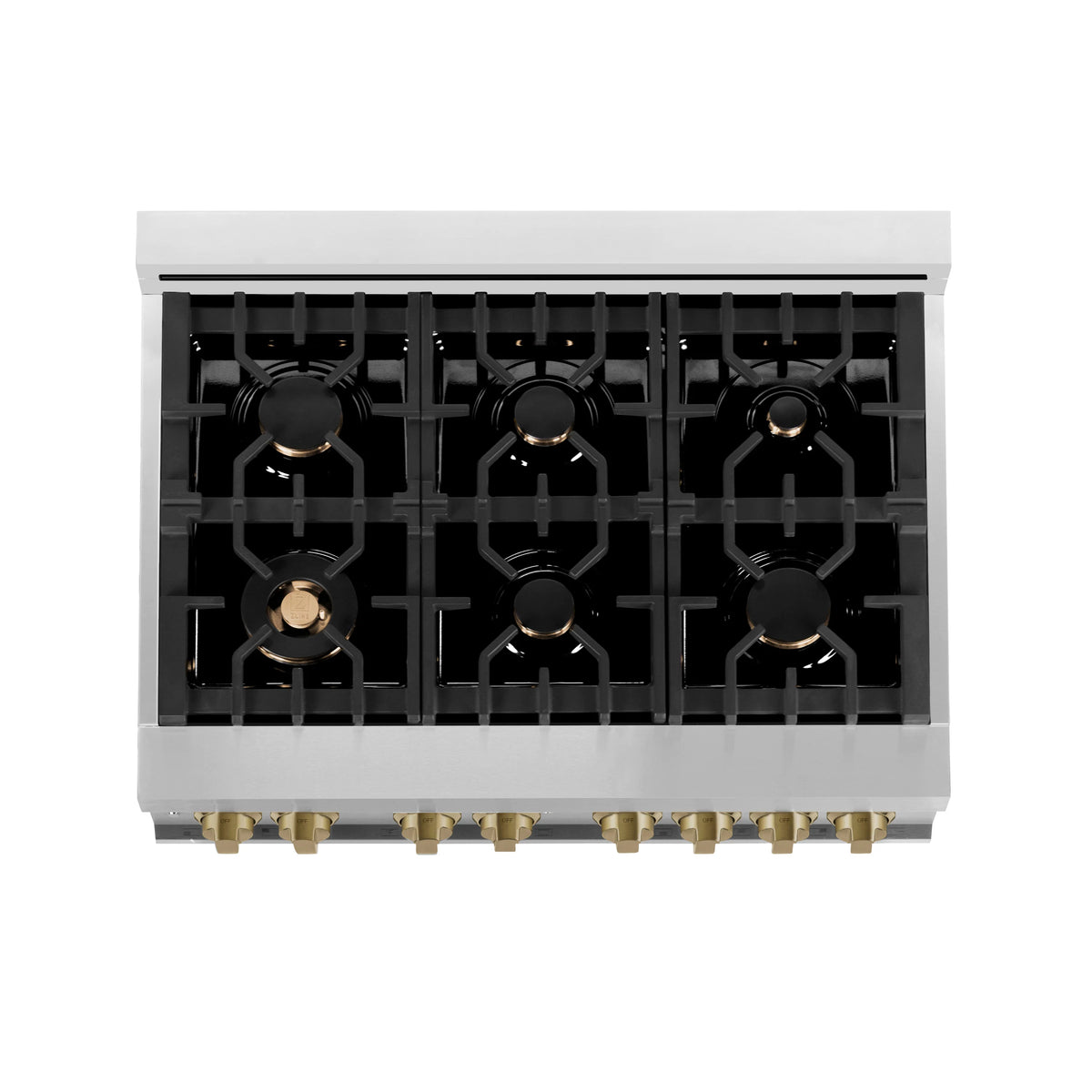 Dual fuel range cooktop burner layout with black grates and brass-colored knobs