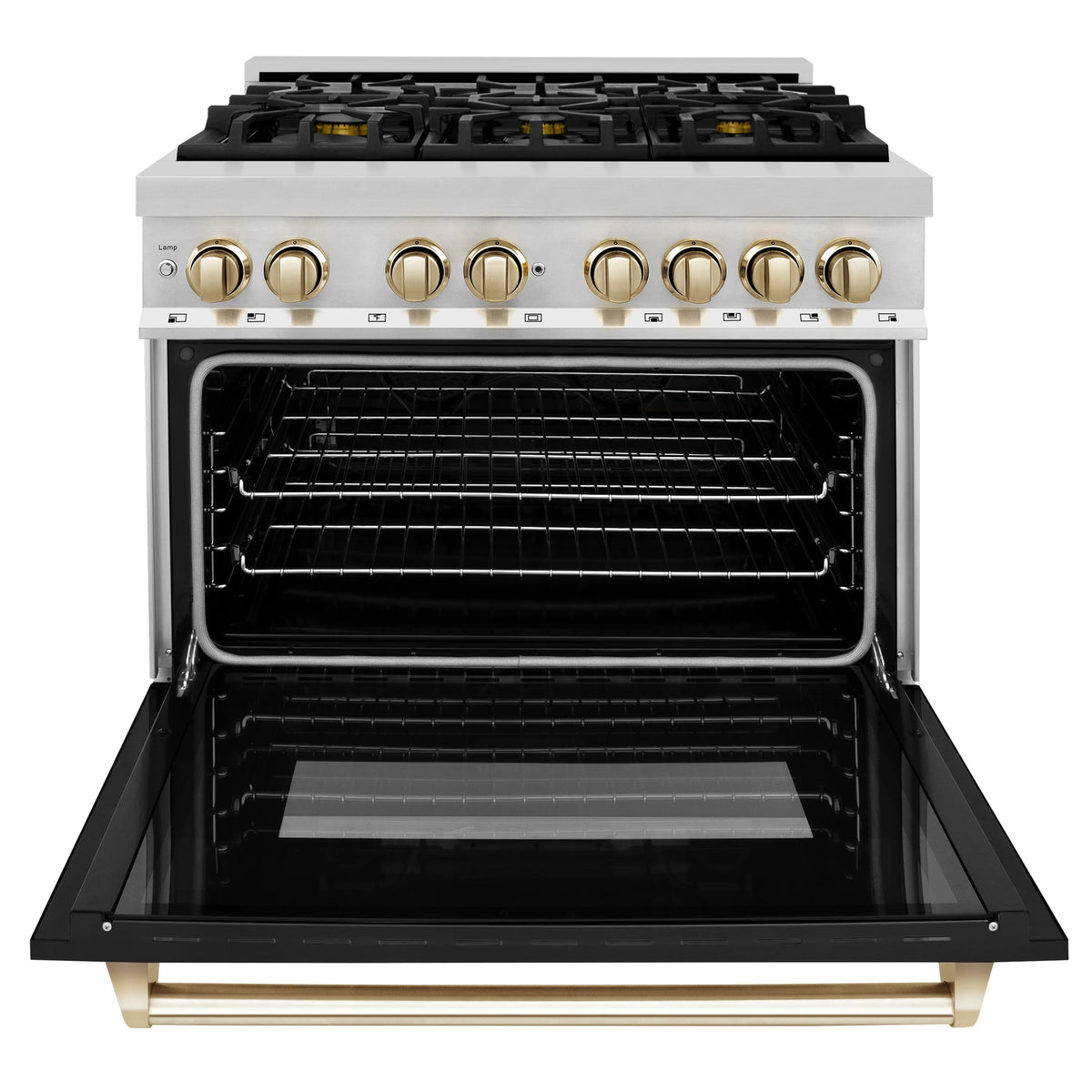 Dual-fuel range oven cavity with racks removed, stainless frame and gold trim