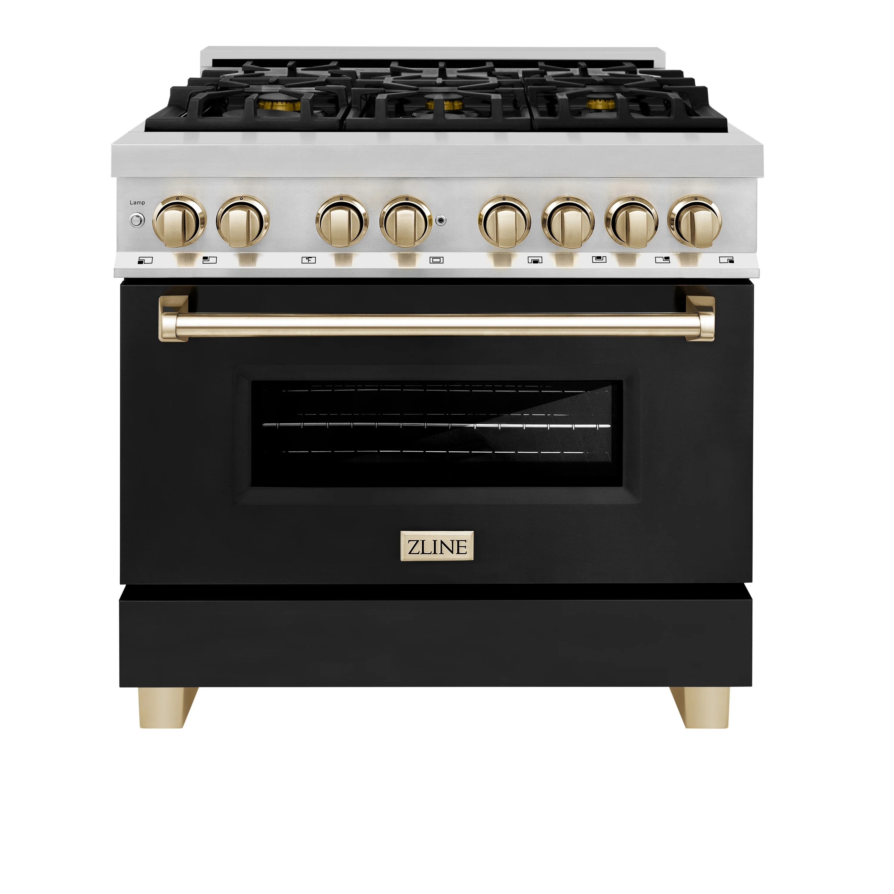 Dual-fuel range front with black oven door, stainless top, and polished gold knobs