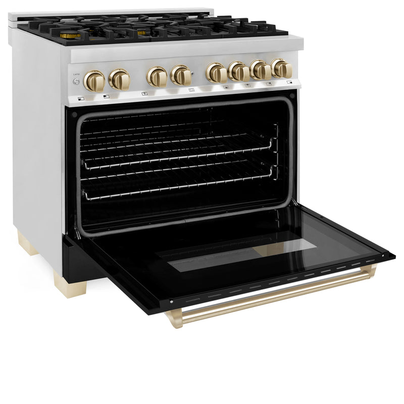 ZLINE Autograph Edition 36-Inch 4.6 cu. ft. Dual Fuel Range with Gas Stove and Electric Oven in Stainless Steel with and Polished Gold Accents (RAZ-BLM-36-G)