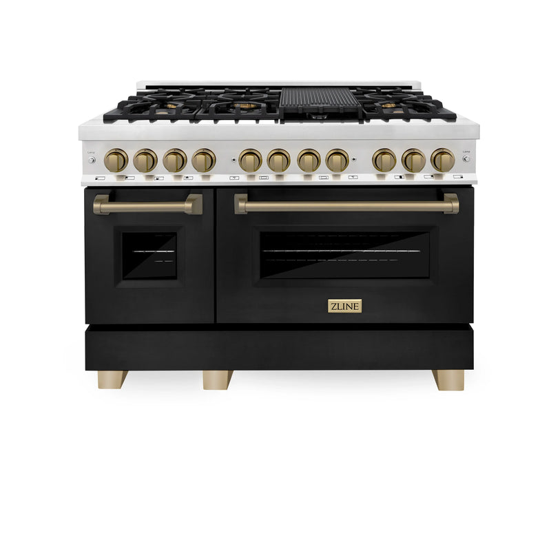 ZLINE Autograph Edition 48-Inch 6.0 cu. ft. Dual Fuel Range with Gas Stove and Electric Oven in Stainless Steel with Black Matte Door and Champagne Bronze Accents (RAZ-BLM-48-CB)