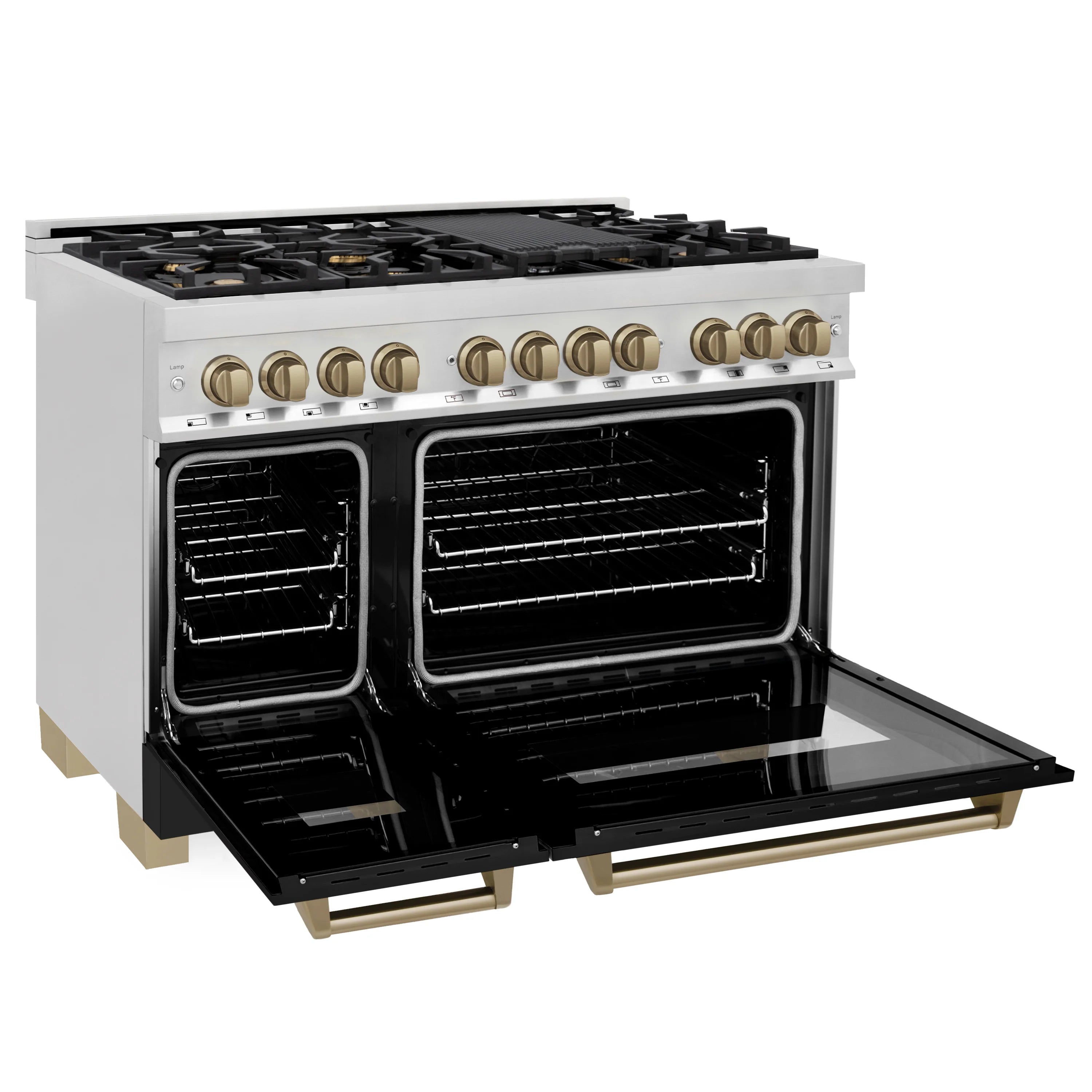 Open oven doors on stainless range with black interior and wire bake racks