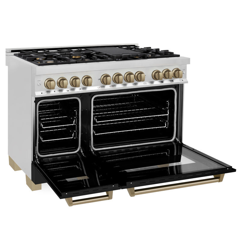 ZLINE Autograph Edition 48-Inch 6.0 cu. ft. Dual Fuel Range with Gas Stove and Electric Oven in Stainless Steel with Black Matte Door and Champagne Bronze Accents (RAZ-BLM-48-CB)