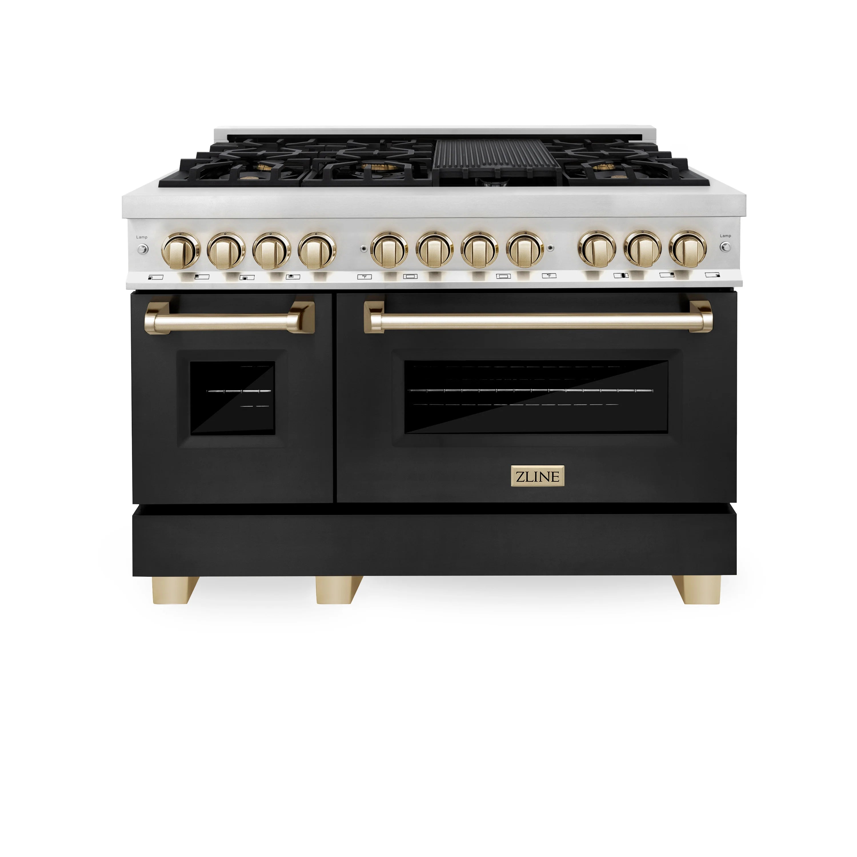 Front view of black dual fuel range with stainless cooktop and gold control trim