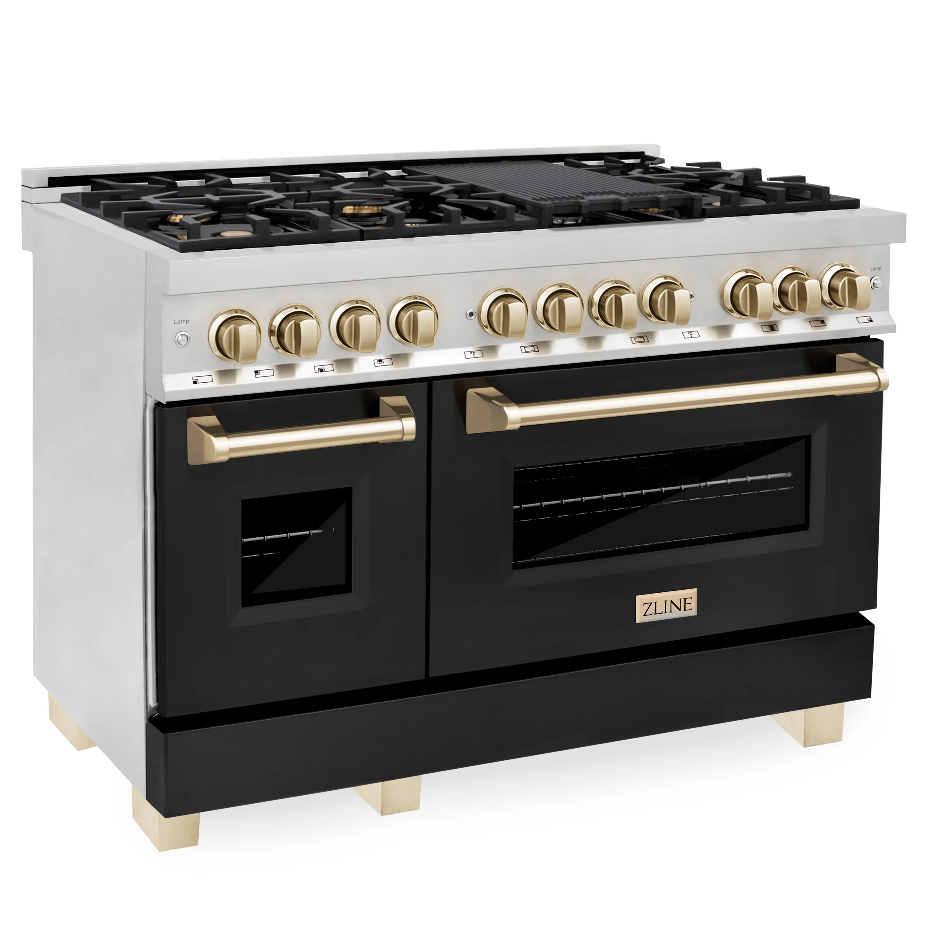 Stainless dual fuel range with black matte door and polished gold control knobs