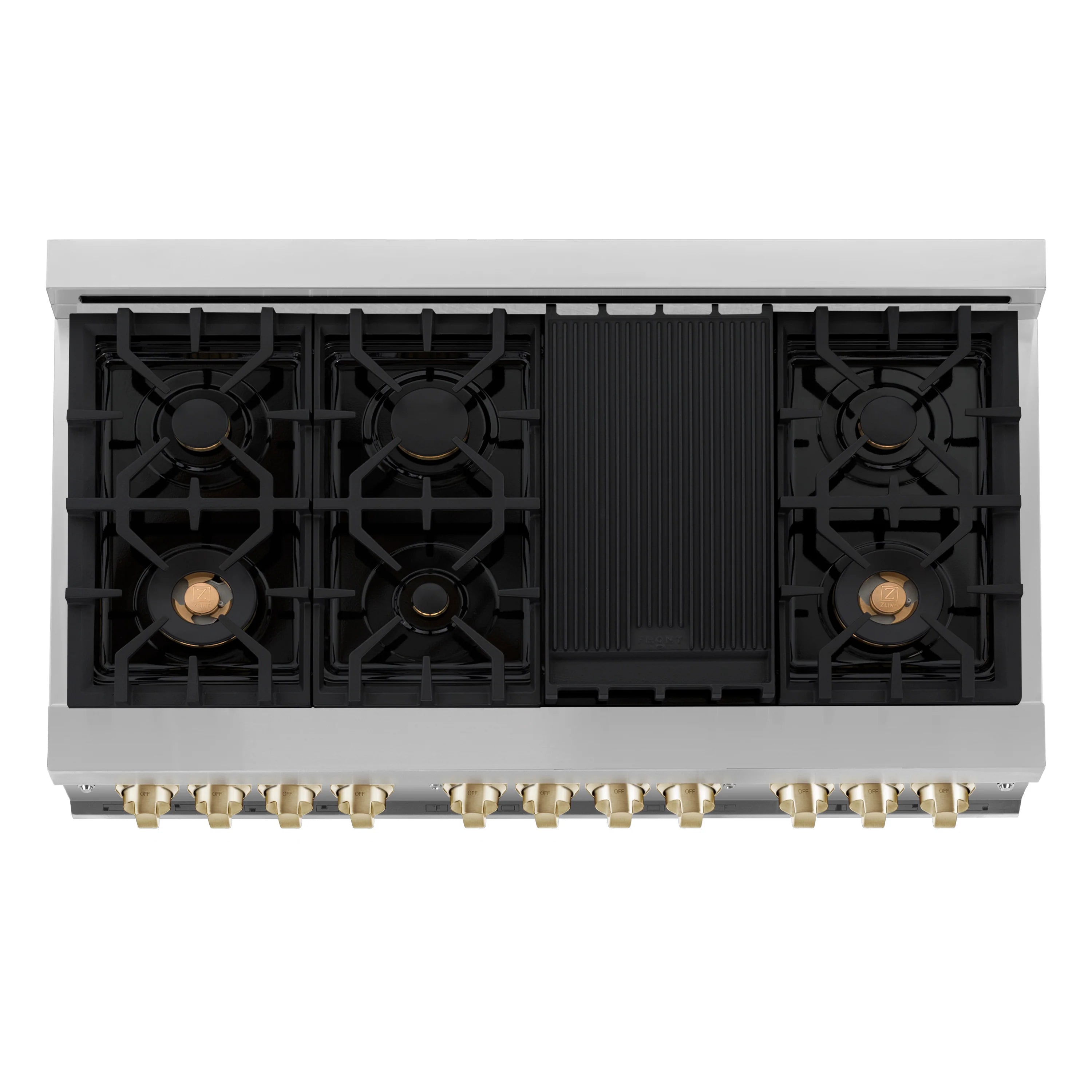 Stainless dual fuel range cooktop with black grates and visible polished gold burner knobs