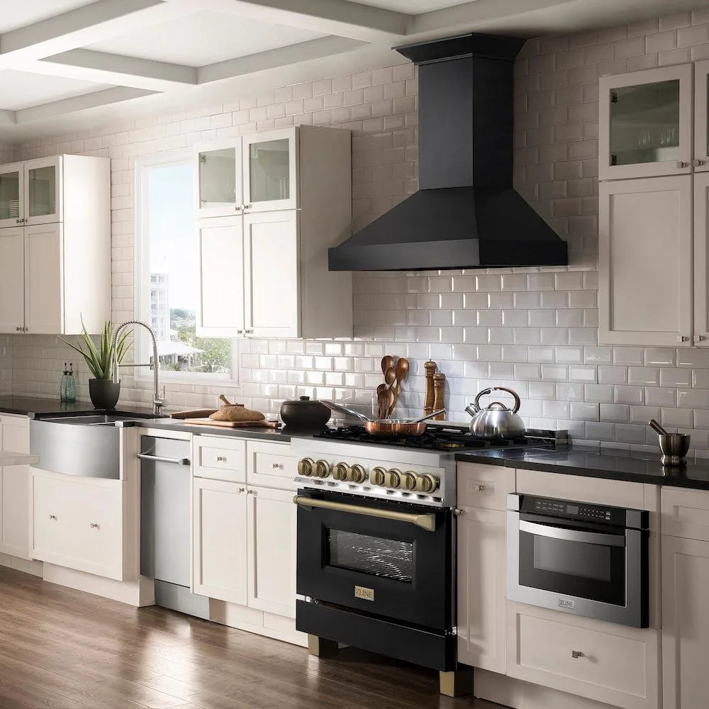ZLINE Legacy Series Autograph Edition 36-inch Dual Fuel Range with Gas Stove and 4.6 Cu. Ft. Electric Oven in Stainless Steel with Black Matte Door and Champagne Bronze Accents in a kitchen