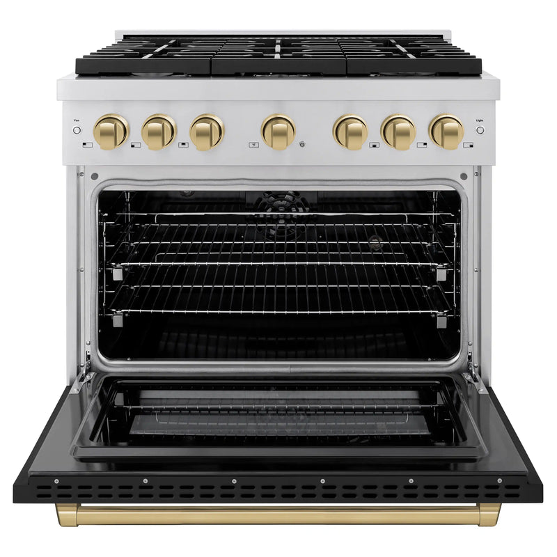 ZLINE Autograph Edition 36-Inch 5.2 cu. ft. Paramount Dual Fuel Range with 6 Burner Gas Cooktop and Electric Convection Oven in Stainless Steel with Black Matte Door and Champagne Bronze Accents (SDRZ-BLM-36-CB)