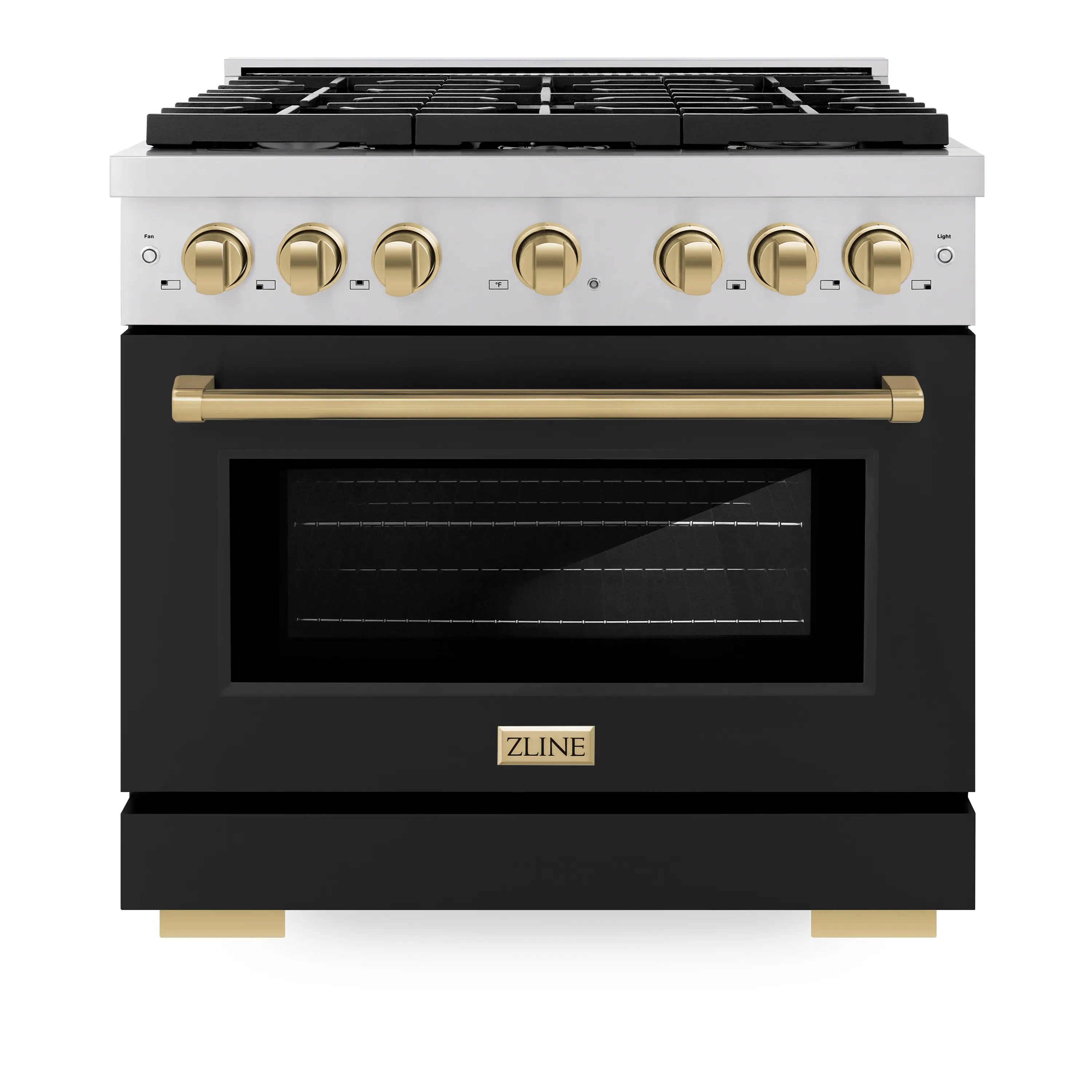 Front view of dual fuel gas range with gold control knobs and black matte oven door