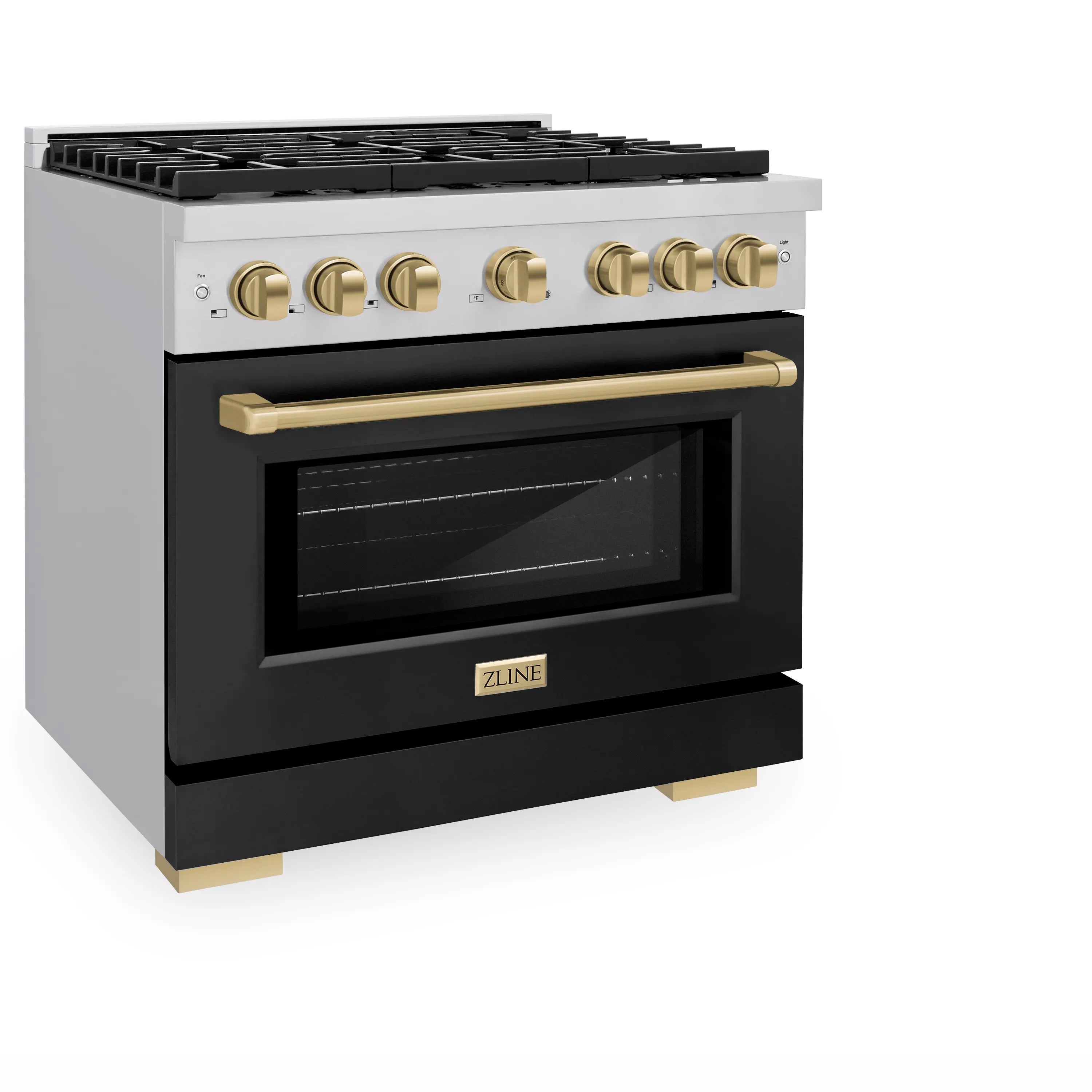 Dual fuel range front with black matte oven door and bronze-finished oven handle
