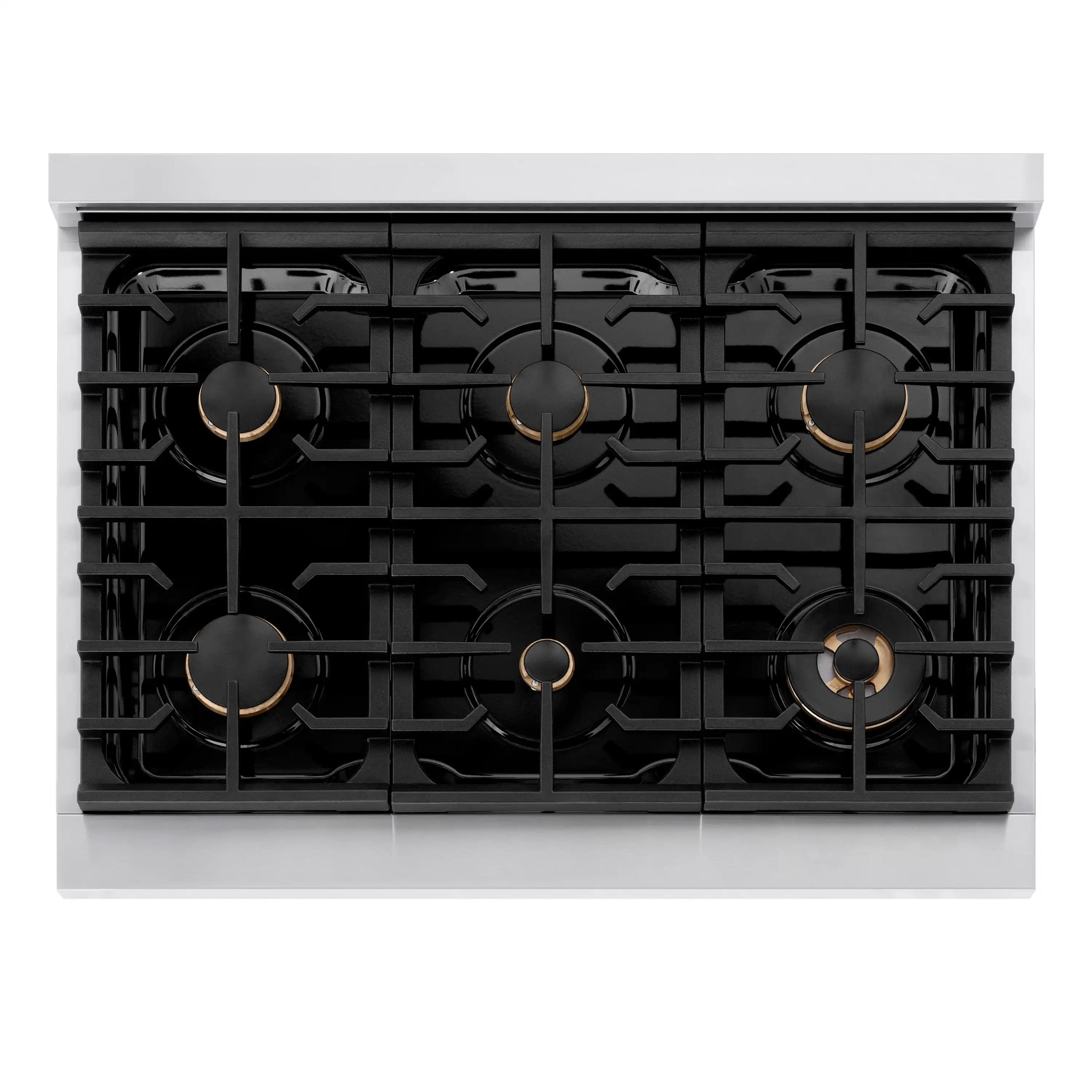 Black six-burner gas cooktop with cast grates and gold burner caps