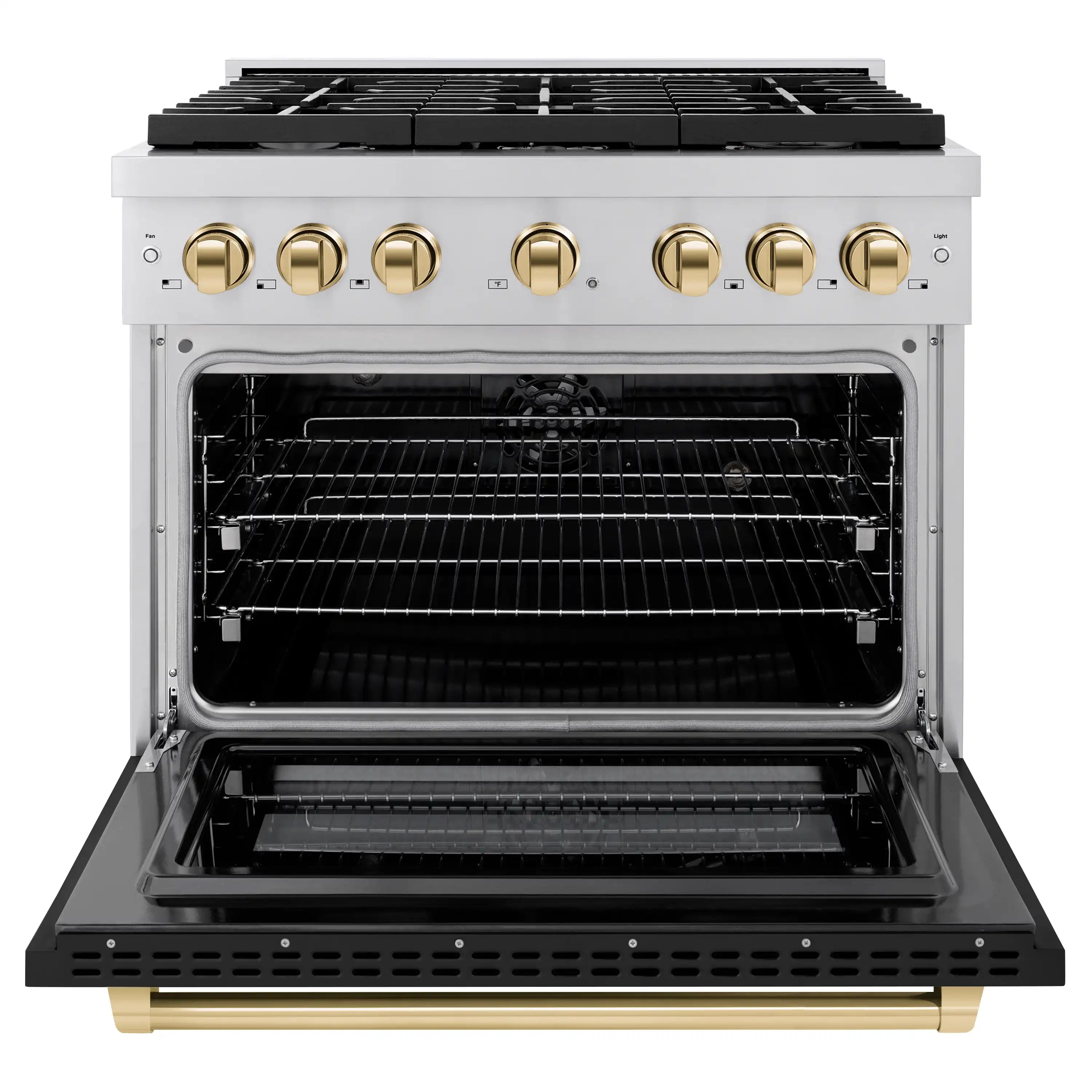 Dual fuel range with open oven door showing interior racks and convection-style design