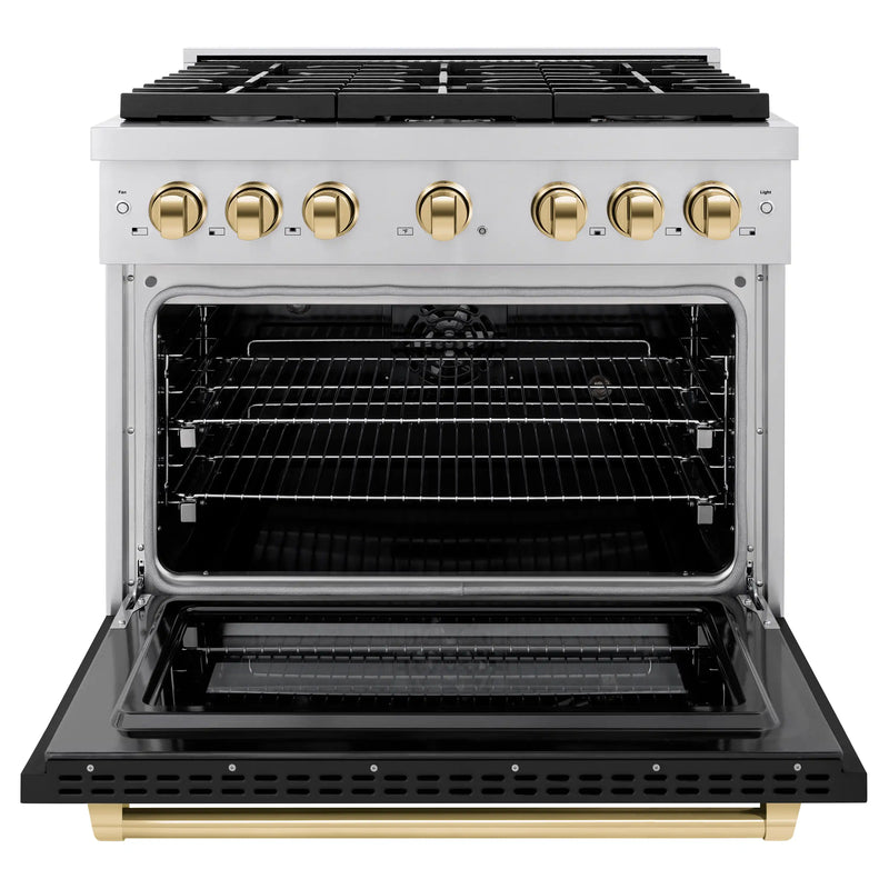 ZLINE Autograph Edition 36-Inch 5.2 cu. ft. Paramount Dual Fuel Range with 6 Burner Gas Cooktop and Electric Convection Oven in Stainless Steel with Black Matte Door and Polished Gold Accents (SDRZ-BLM-36-G)