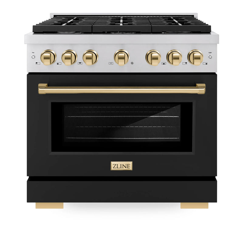 ZLINE Autograph Edition 36-Inch 5.2 cu. ft. Paramount Dual Fuel Range with 6 Burner Gas Cooktop and Electric Convection Oven in Stainless Steel with Black Matte Door and Polished Gold Accents (SDRZ-BLM-36-G)