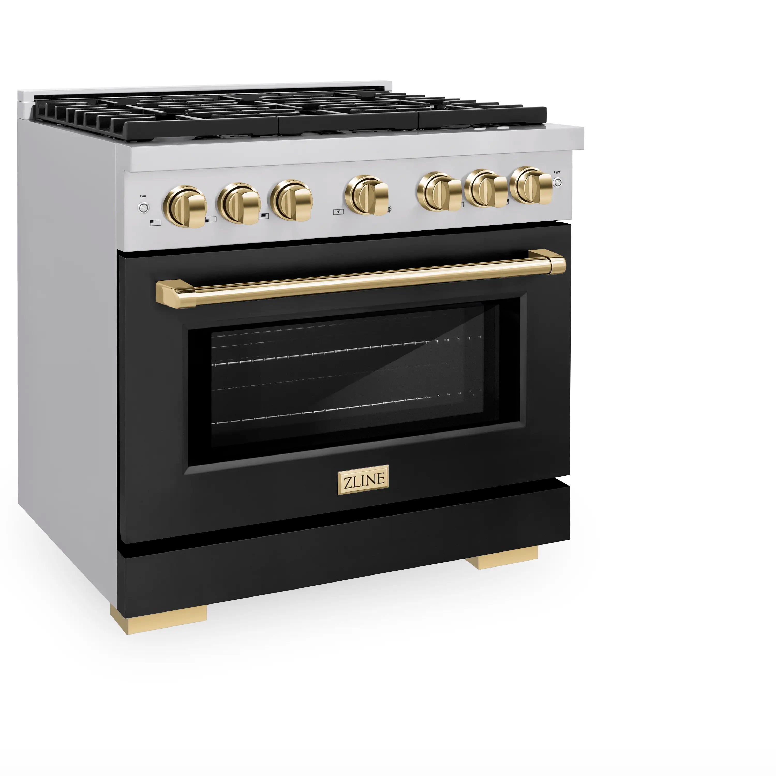 Dual fuel range with black oven door, gold handle, and stainless control panel