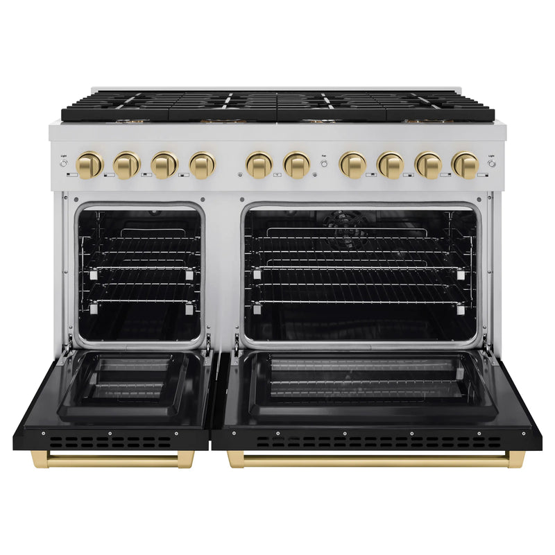 ZLINE Autograph Edition 48-Inch 6.7 cu. ft. Paramount Double Oven Dual Fuel Range with 8 Burner Gas Cooktop in Stainless Steel with Black Matte Doors and Champagne Bronze Accents (SDRZ-BLM-48-CB)