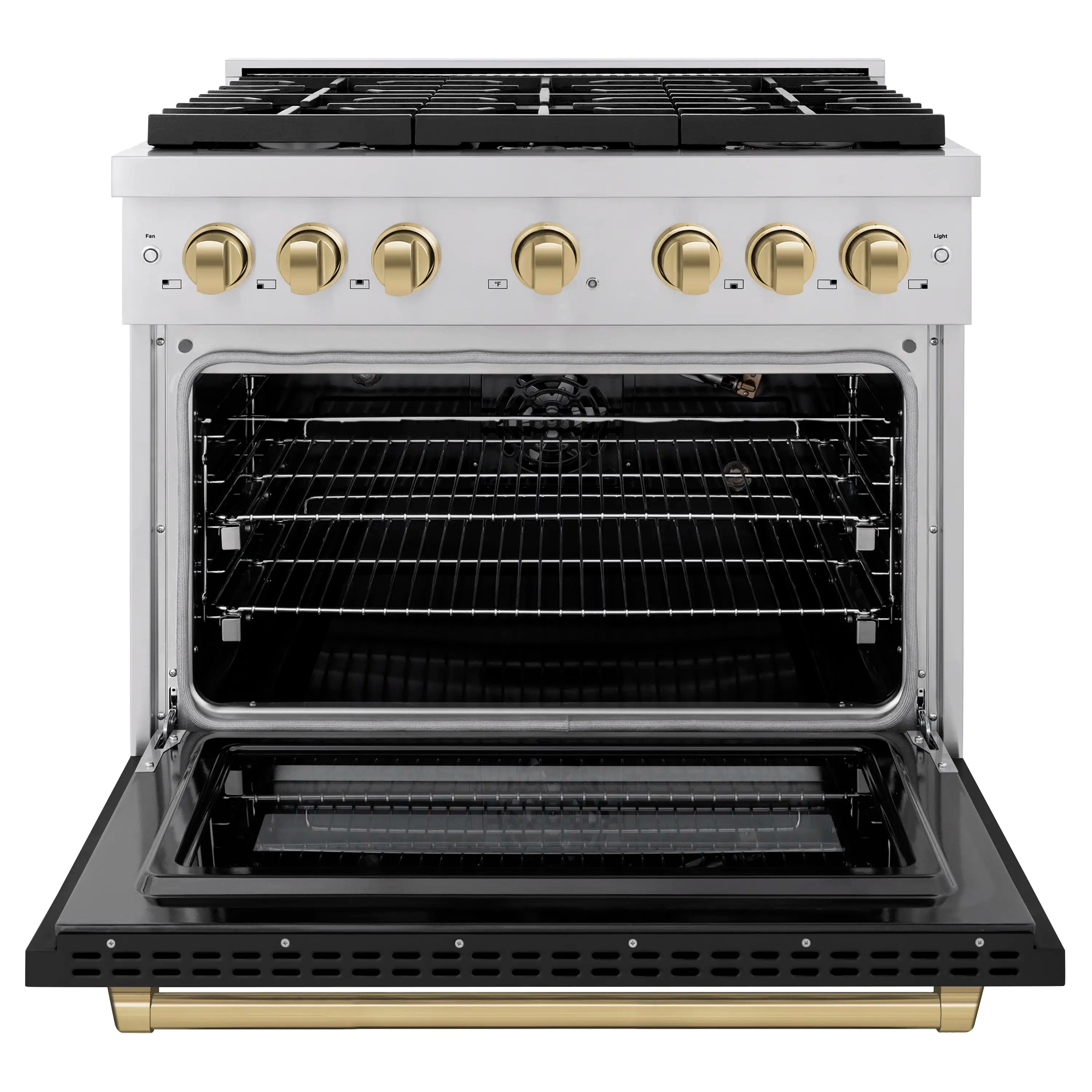 Open oven of stainless steel gas range with black interior racks and gold-toned controls