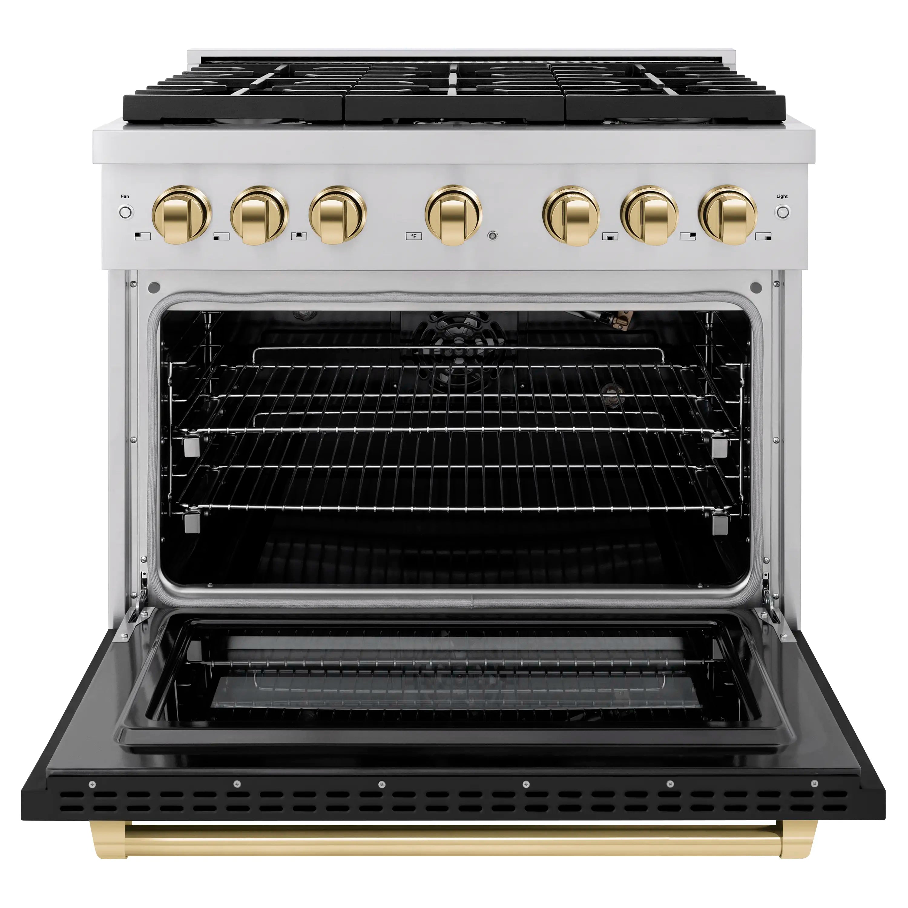 Gas oven door open showing black oven cavity with racks and gold control knobs