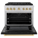 ZLINE Autograph Edition 36-Inch Paramount Gas Range with 6 Gas Burners and 5.2 cu. ft. Convection Gas Oven in Stainless Steel with Black Matte Door and Polished Gold Accents (SGRZ-BLM-36-G)