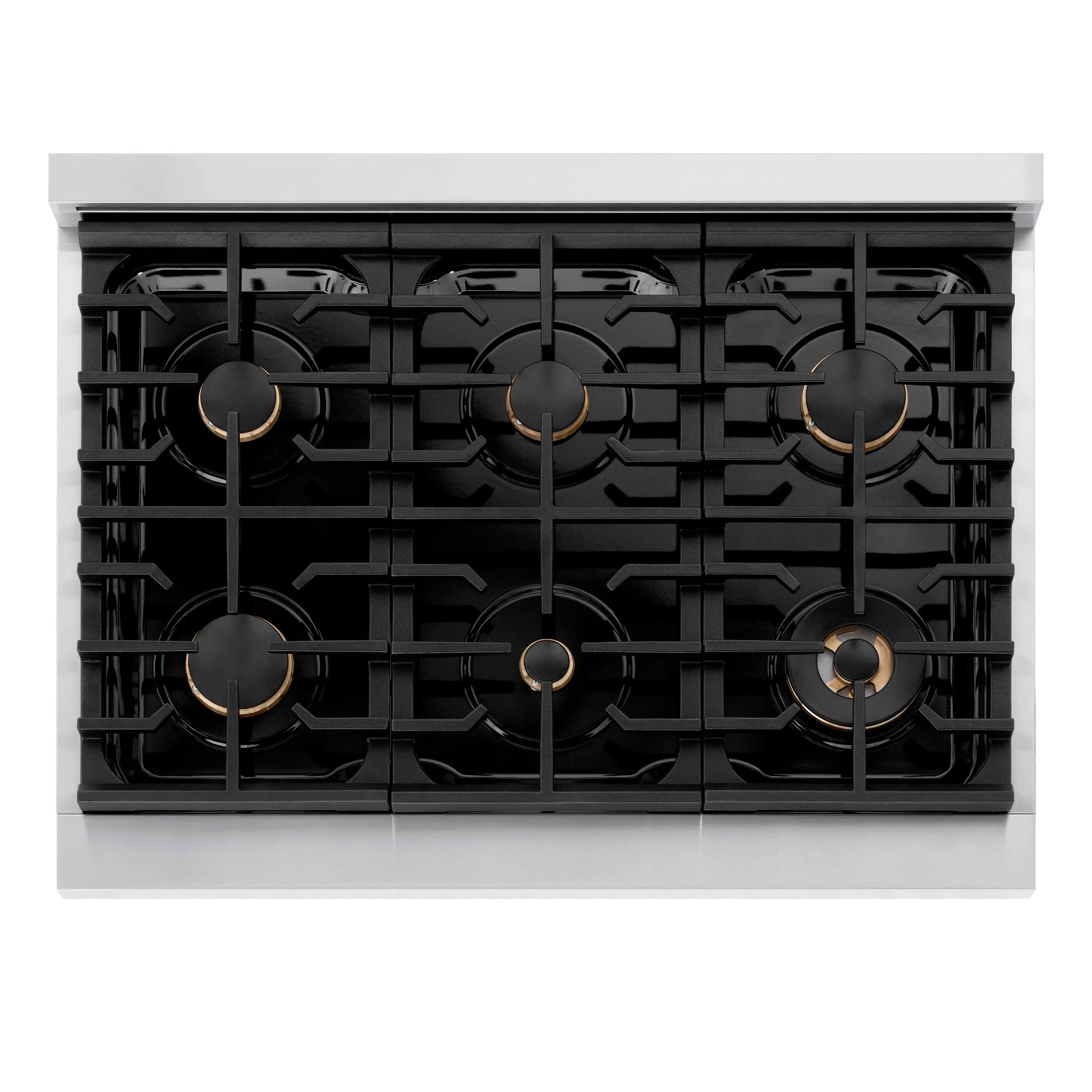 Six-burner gas cooktop with black grates and gold burner caps on stainless frame