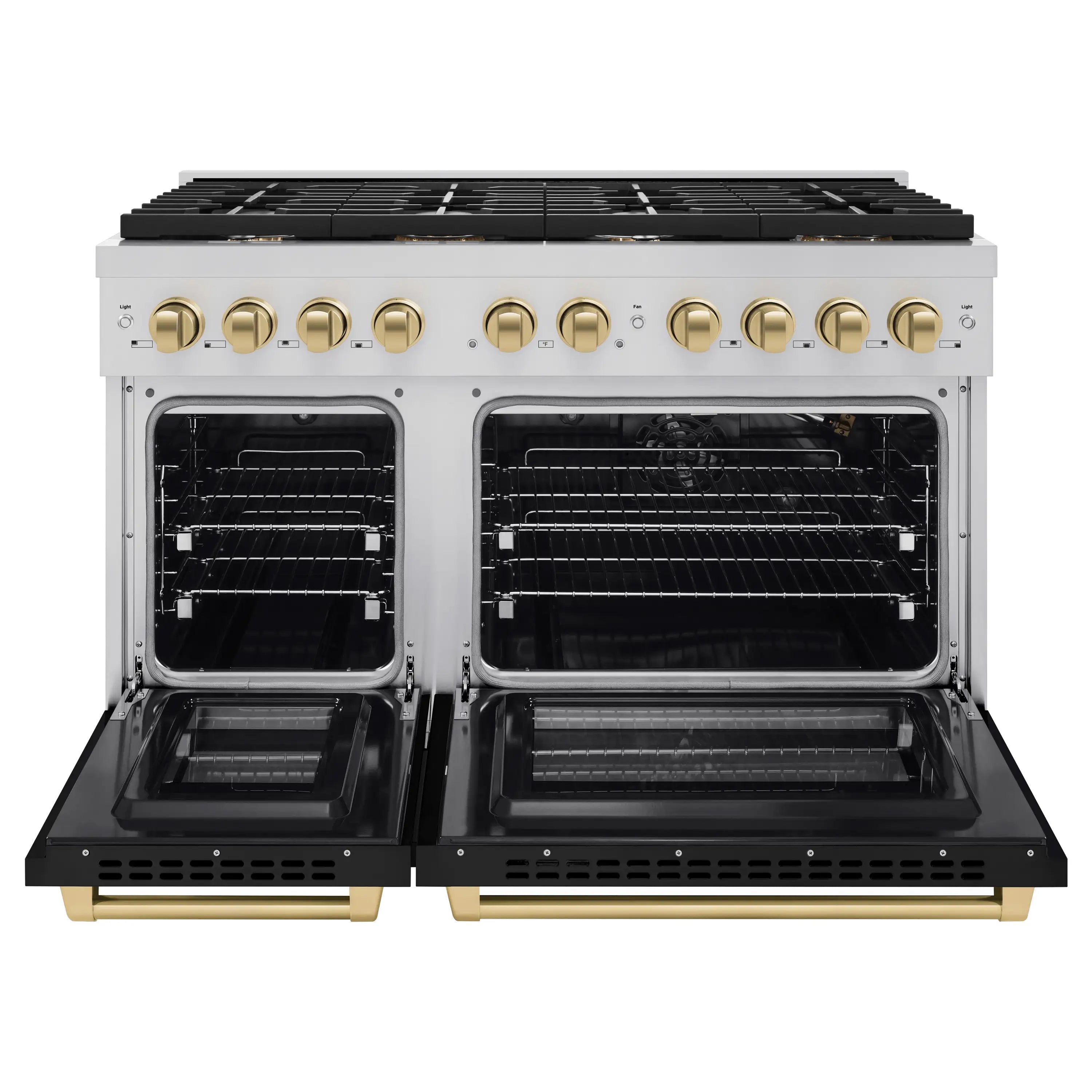 Open dual gas oven doors with racks, stainless interior, and champagne bronze trim