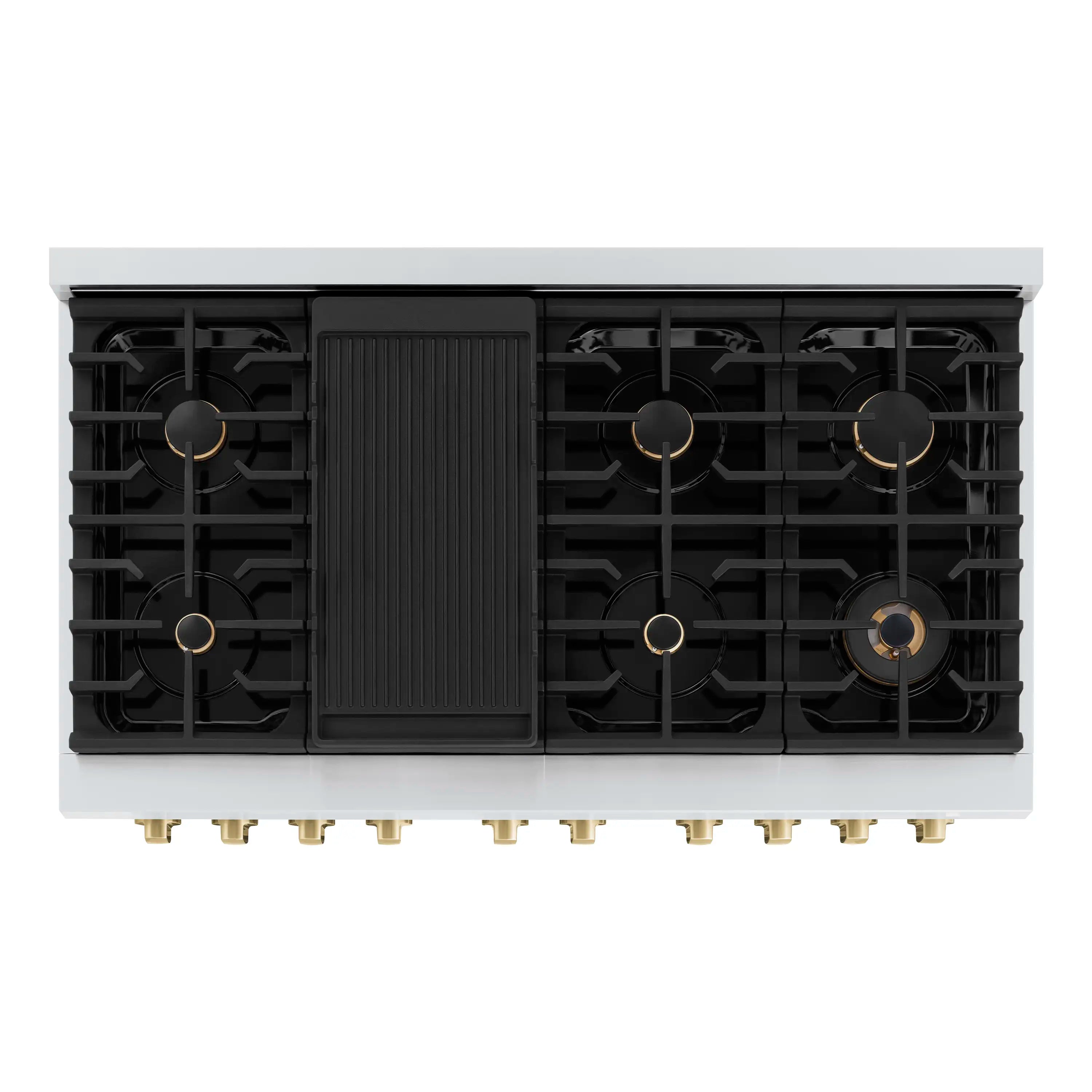 Top-down view of black burner grates with central grate panel and bronze details