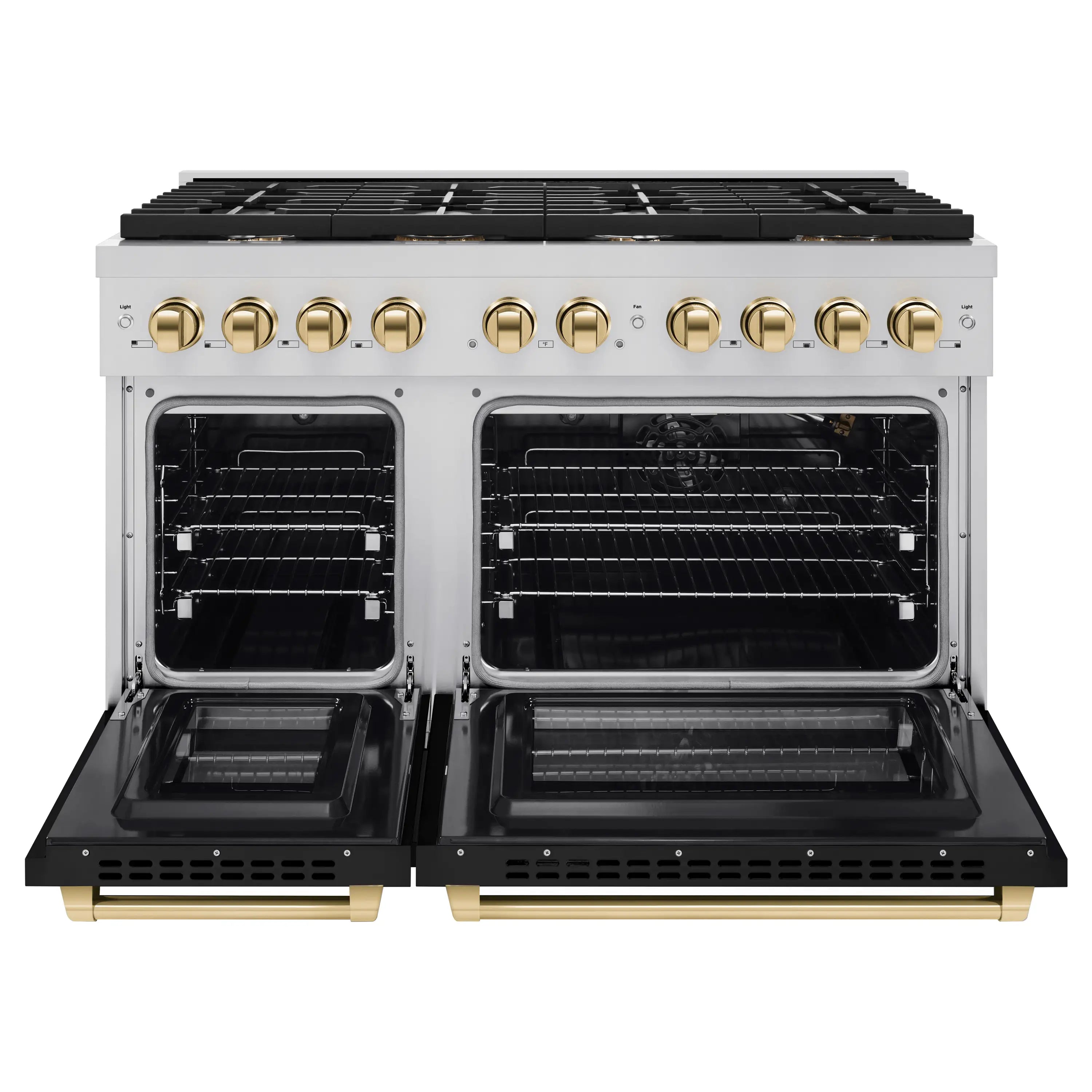 Stainless gas range with two open ovens showing racks, black interiors, gold handles