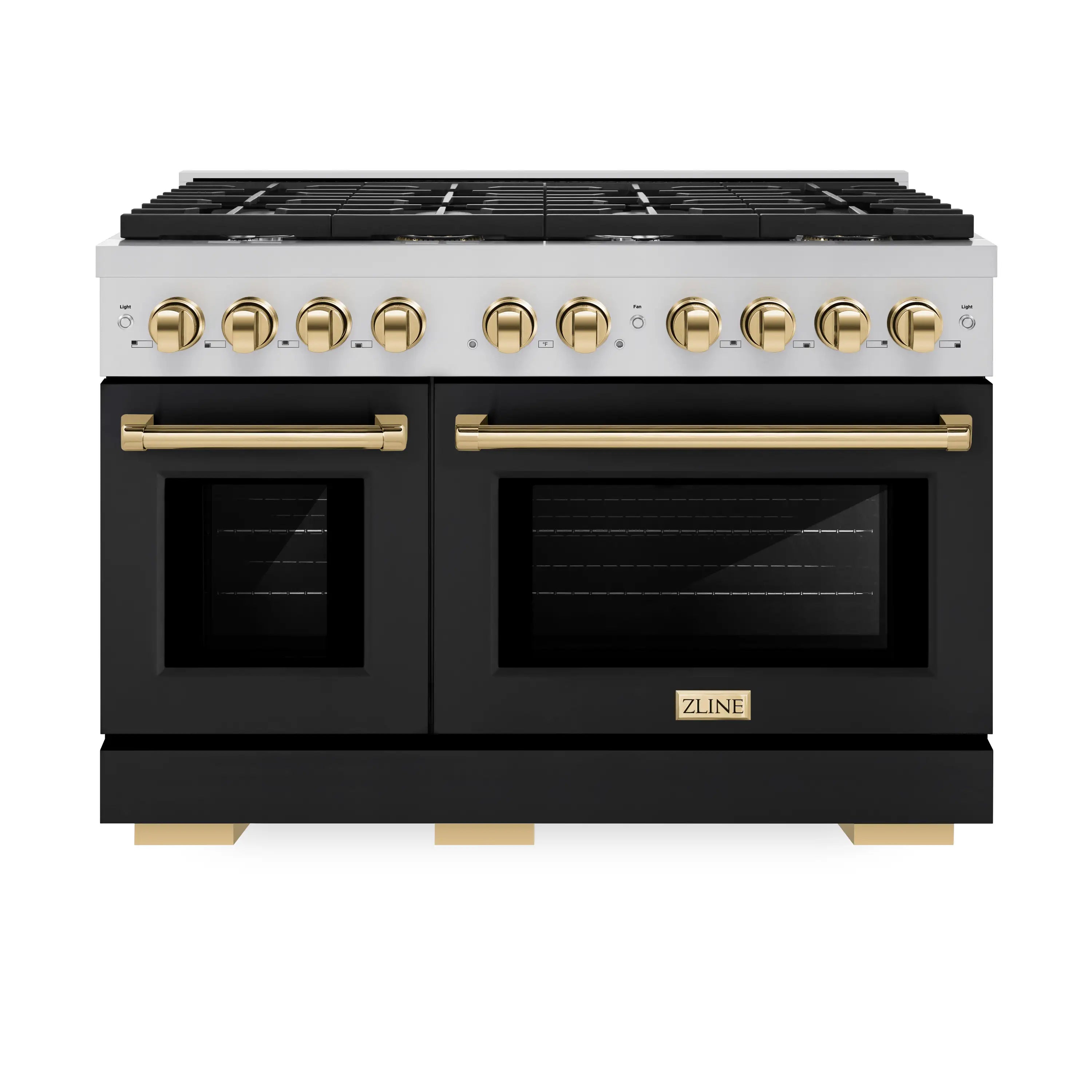 Stainless gas range front with black matte oven doors and polished gold burner knobs
