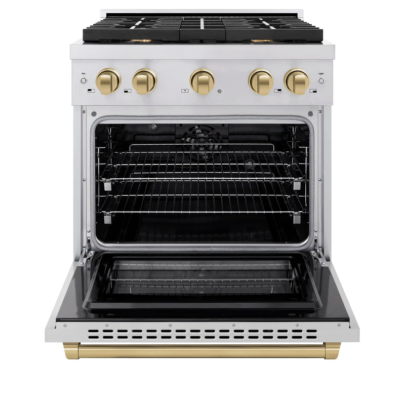 ZLINE Autograph Edition 30-Inch 4.2 cu. ft. Paramount Dual Fuel Range with 4 Burner Gas Cooktop and Electric Convection Oven in Stainless Steel with Champagne Bronze Accents (SDRZ-30-CB)