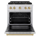 ZLINE 5-Piece Appliance Package - 30-Inch Paramount Dual Fuel Range, Wall Mount Range Hood, 36-Inch French Door Refrigerator with Water Dispenser, Dishwasher, and 30-Inch Microwave Drawer in Stainless Steel with Champagne Bronze Accents