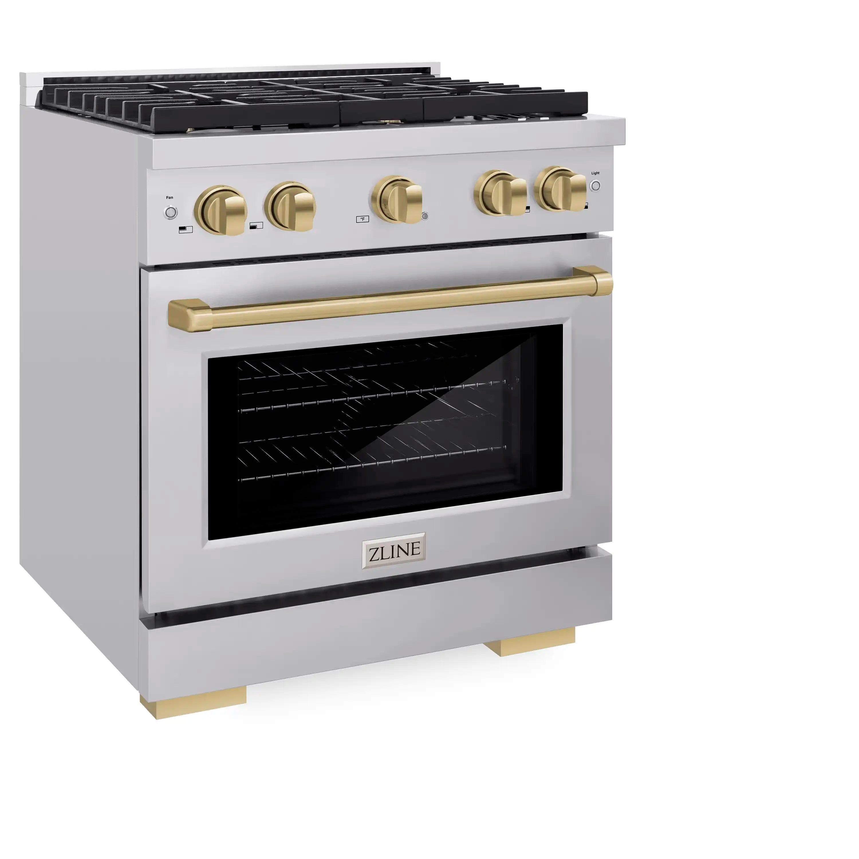 Stainless steel dual-fuel range with four black grates and gold control knobs