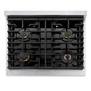 ZLINE 4-Piece Appliance Package - 30-Inch Paramount Autograph Dual Fuel Range, Wall Mount Range Hood, 36-Inch French Door Refrigerator, Dishwasher, in Stainless Steel with Champagne Bronze Accents