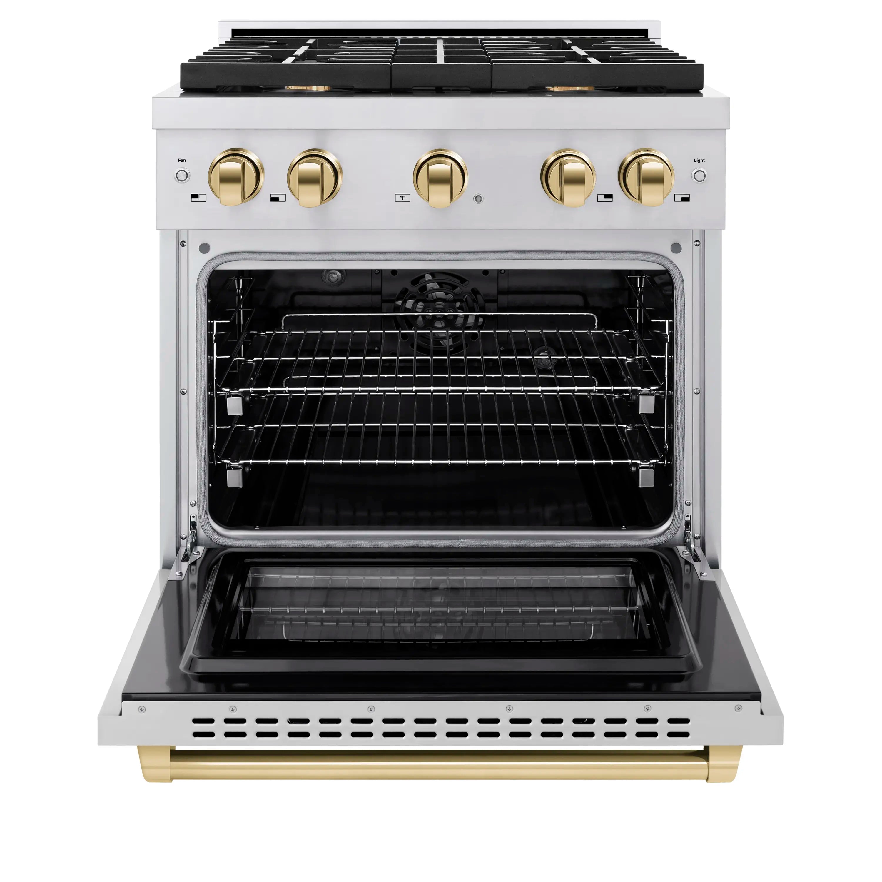 Dual fuel range oven open with black interior racks and gold control knobs