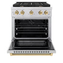 ZLINE 5-Piece Appliance Package - 30-Inch Paramount Dual Fuel Range, Wall Mount Range Hood, 36-Inch French Door Refrigerator with Water Dispenser, Dishwasher, and 30-Inch Microwave Drawer in Stainless Steel with Gold Accents