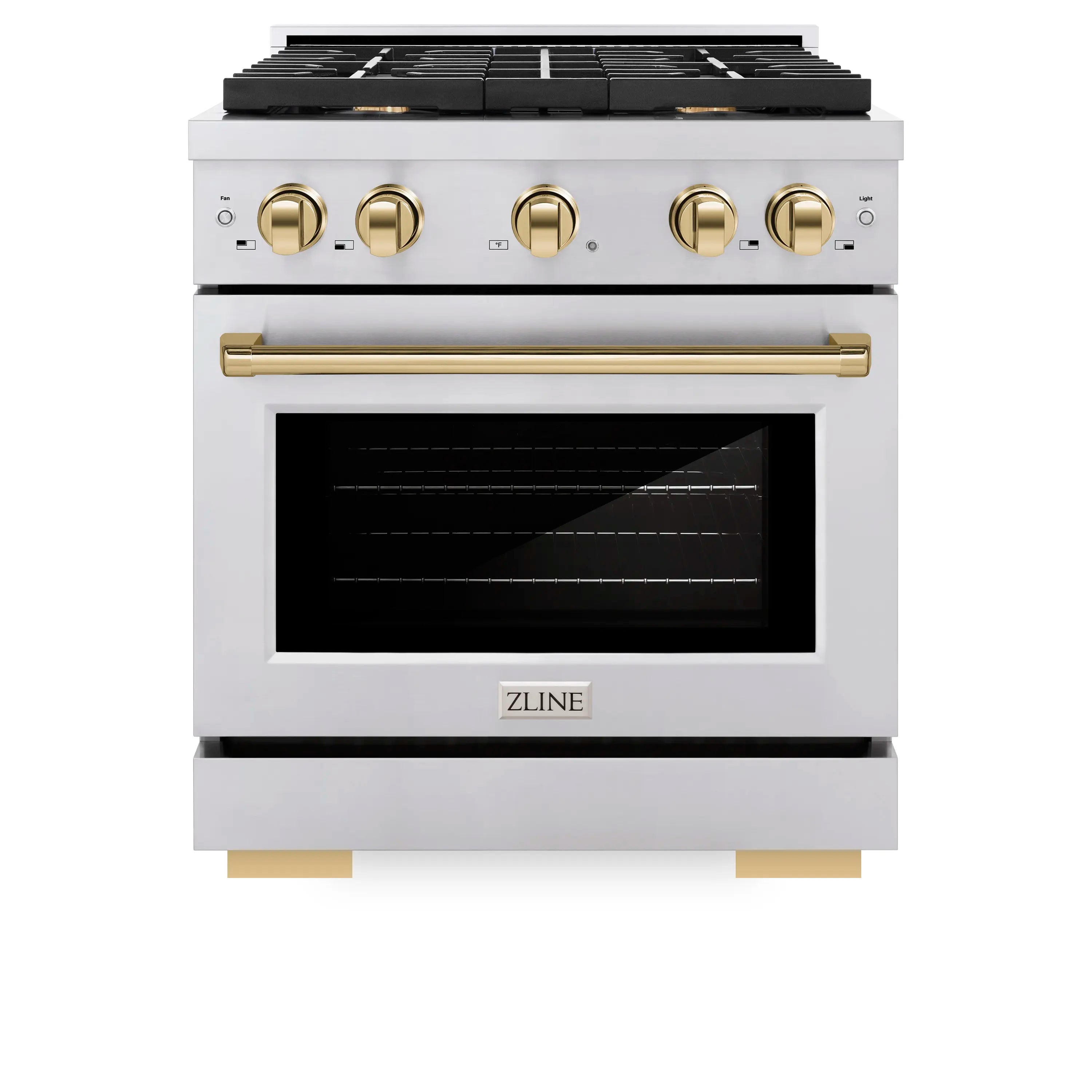 Stainless steel range with four gas burners, polished gold control knobs, and oven window