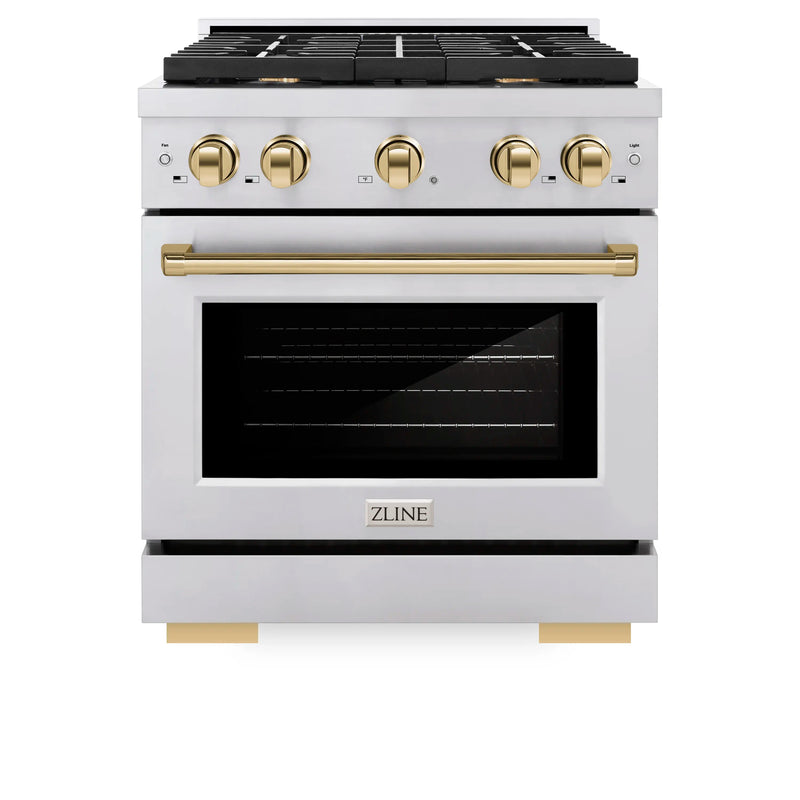 ZLINE Autograph Edition 30-Inch 4.2 cu. ft. Paramount Dual Fuel Range with 4 Burner Gas Cooktop and Electric Convection Oven in Stainless Steel with Polished Gold Accents (SDRZ-30-G)