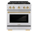 ZLINE 4-Piece Appliance Package - 30-Inch Paramount Autograph Dual Fuel Range, Wall Mount Range Hood, 36-Inch French Door Refrigerator, Dishwasher, in Stainless Steel with Gold Accents