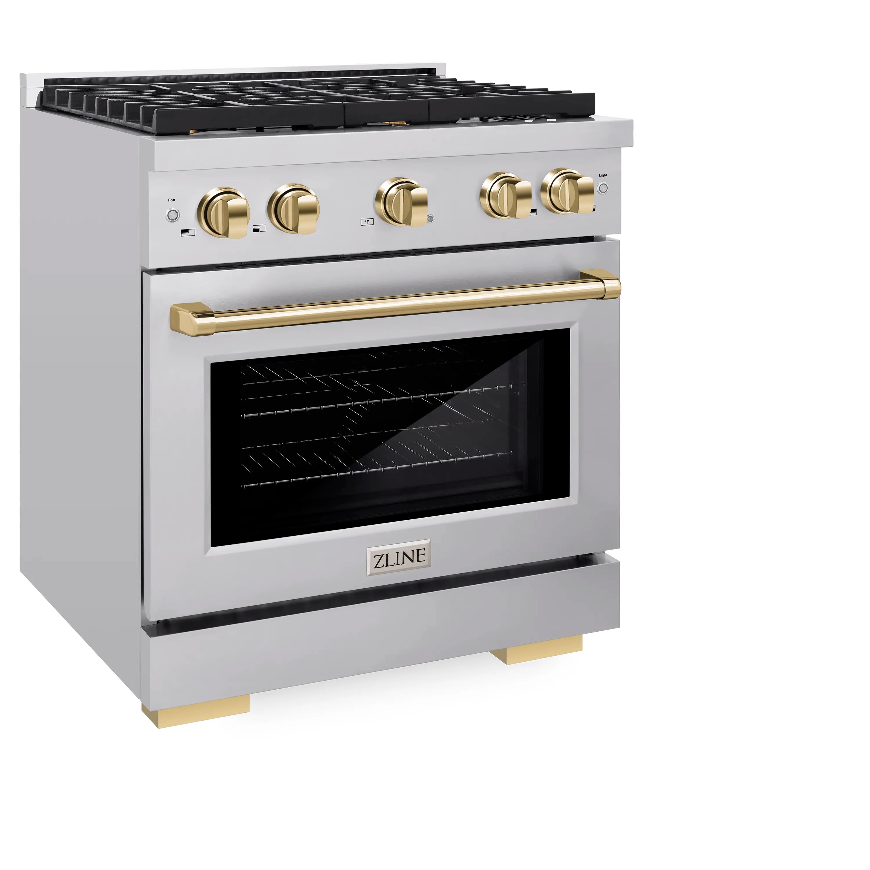 Stainless steel dual-fuel range with four gas burners, gold knobs, and convection oven door