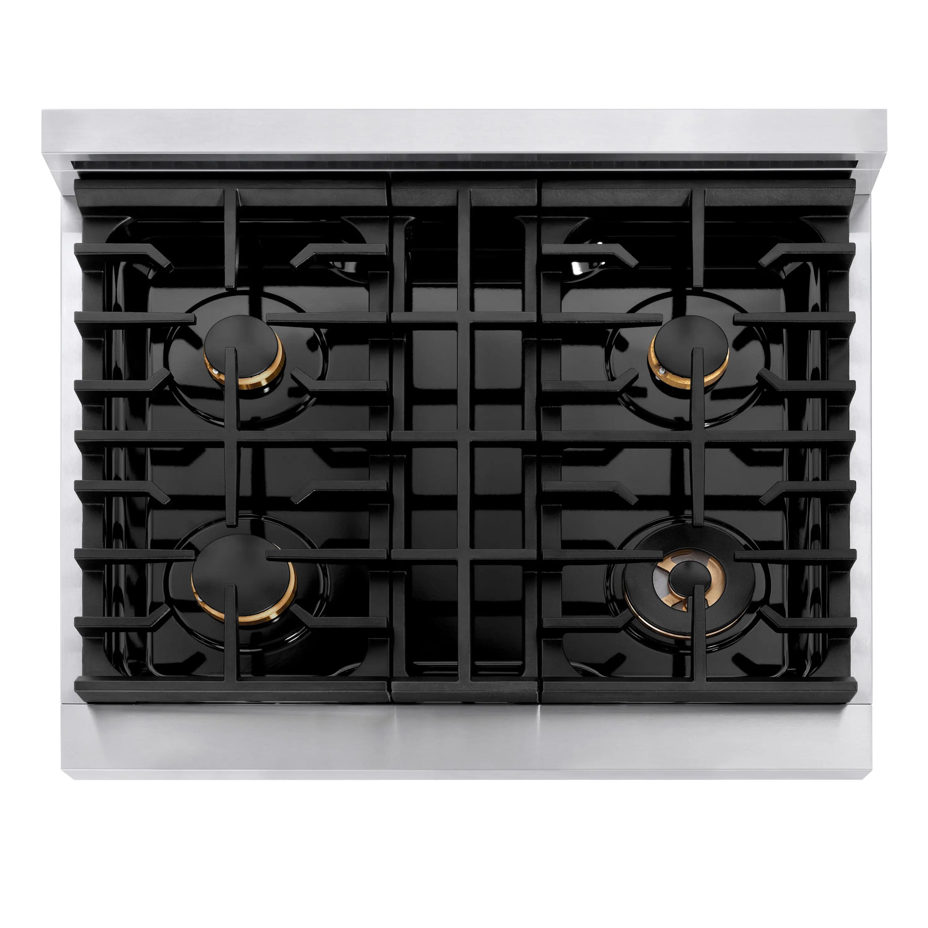 Built-in gas cooktop with black grates and stainless burners with gold-ring knobs