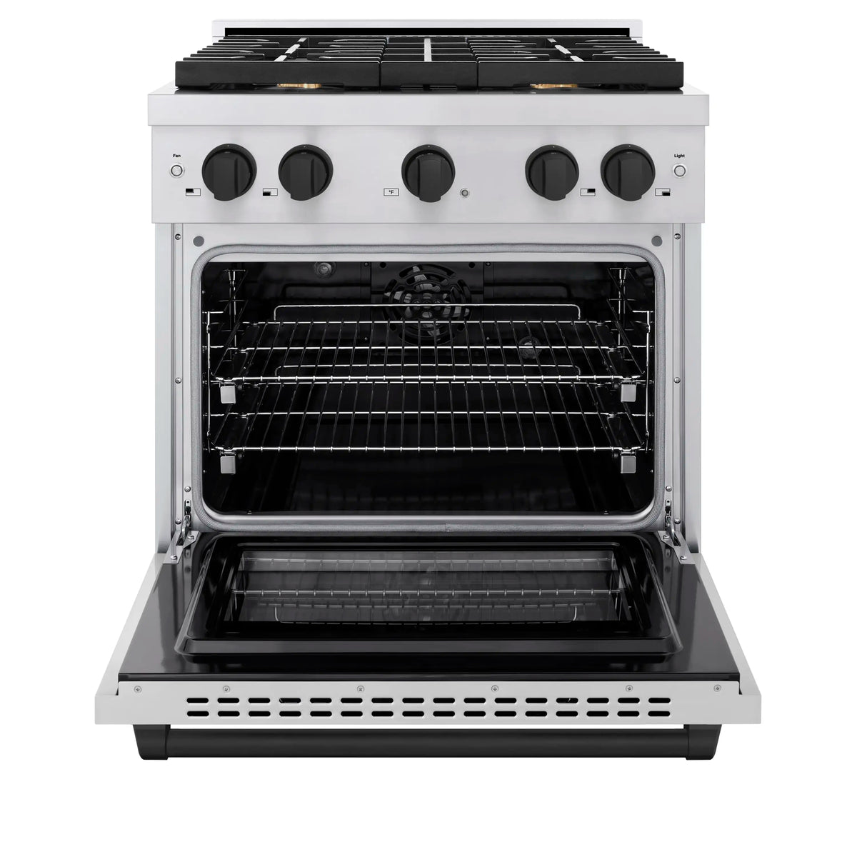 Open oven door of a stainless steel range showing black interior racks and bake compartment