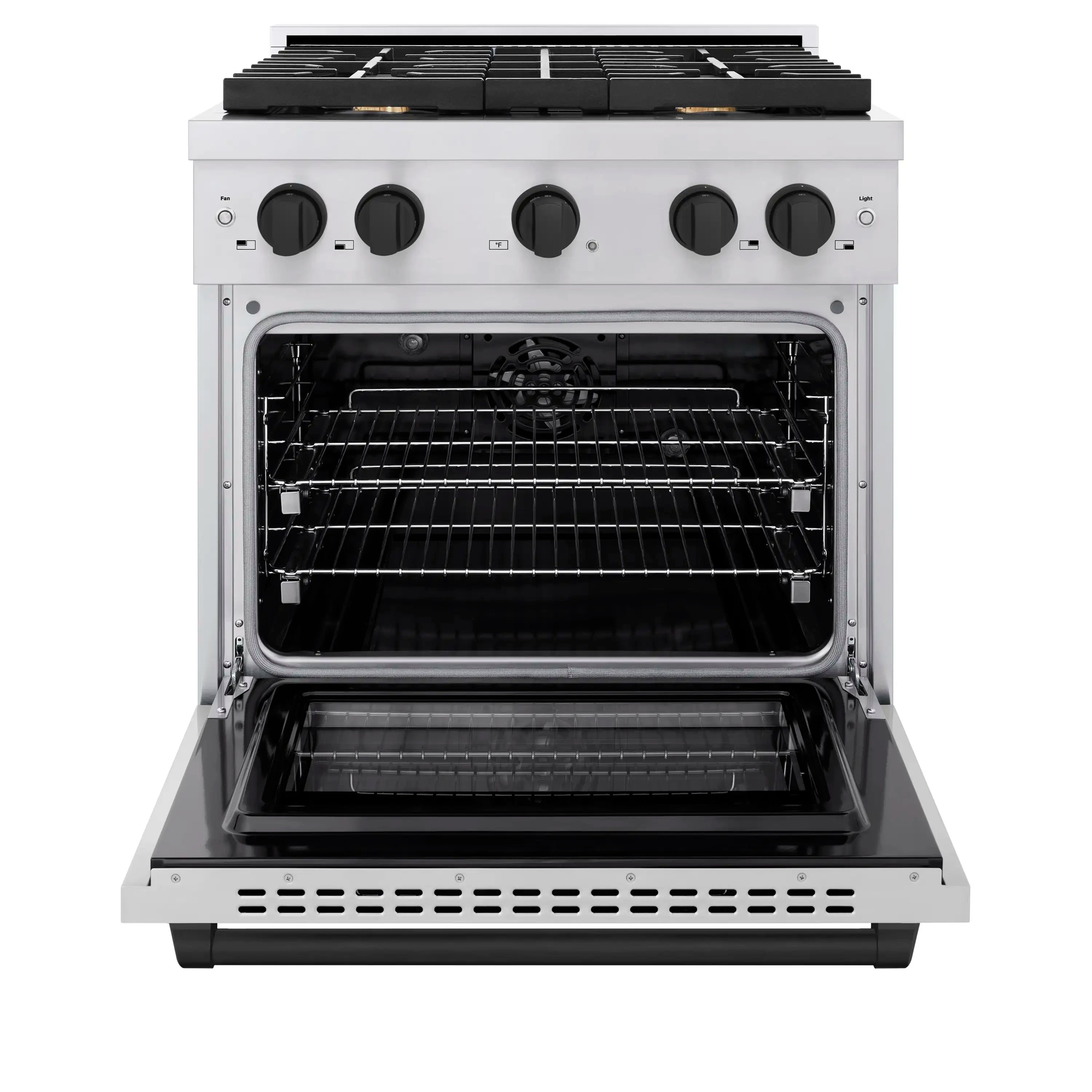 Dual fuel range oven door open, black interior racks and baking surface, front view