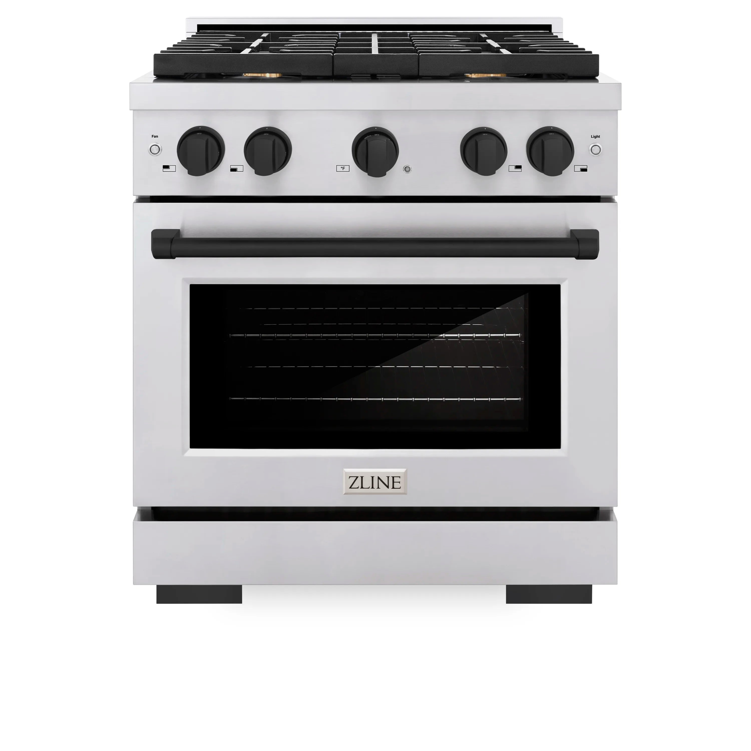 Stainless steel range with matte black control knobs, flat cooktop, and oven door window