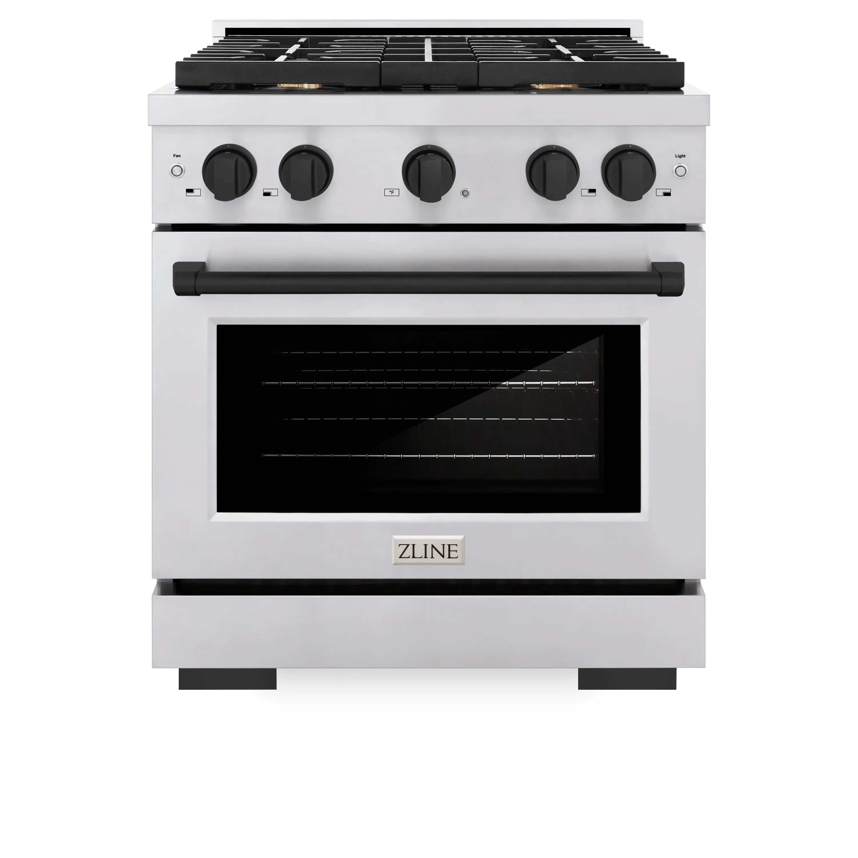 Stainless steel dual-fuel range with black control knobs and open burner grates