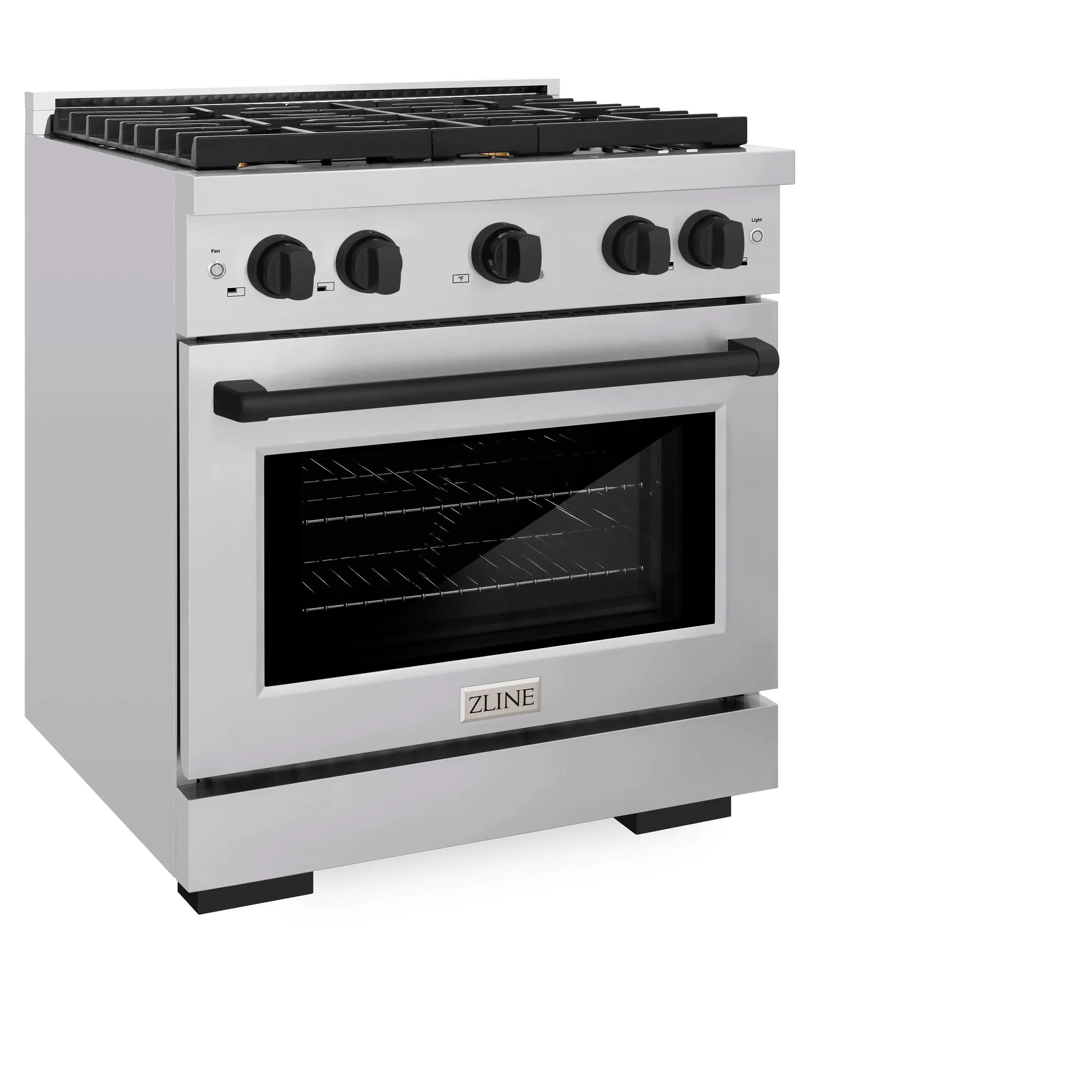 Stainless steel dual fuel range with black cooktop grates and oven window, angled view