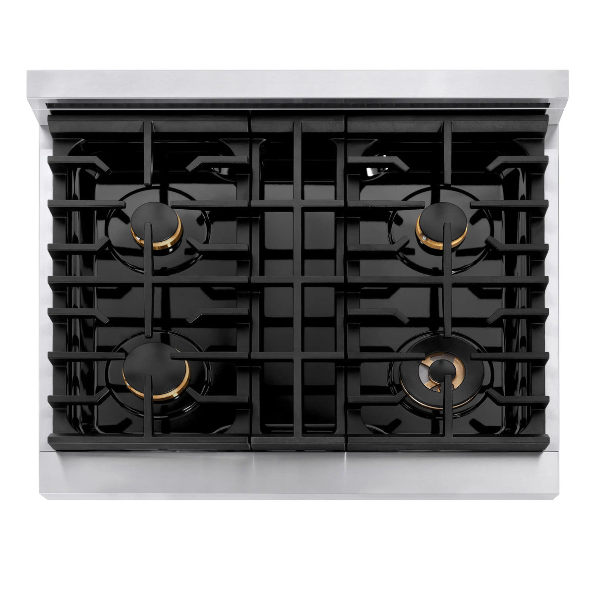 Black 4-burner gas cooktop grates with brass-colored burner caps