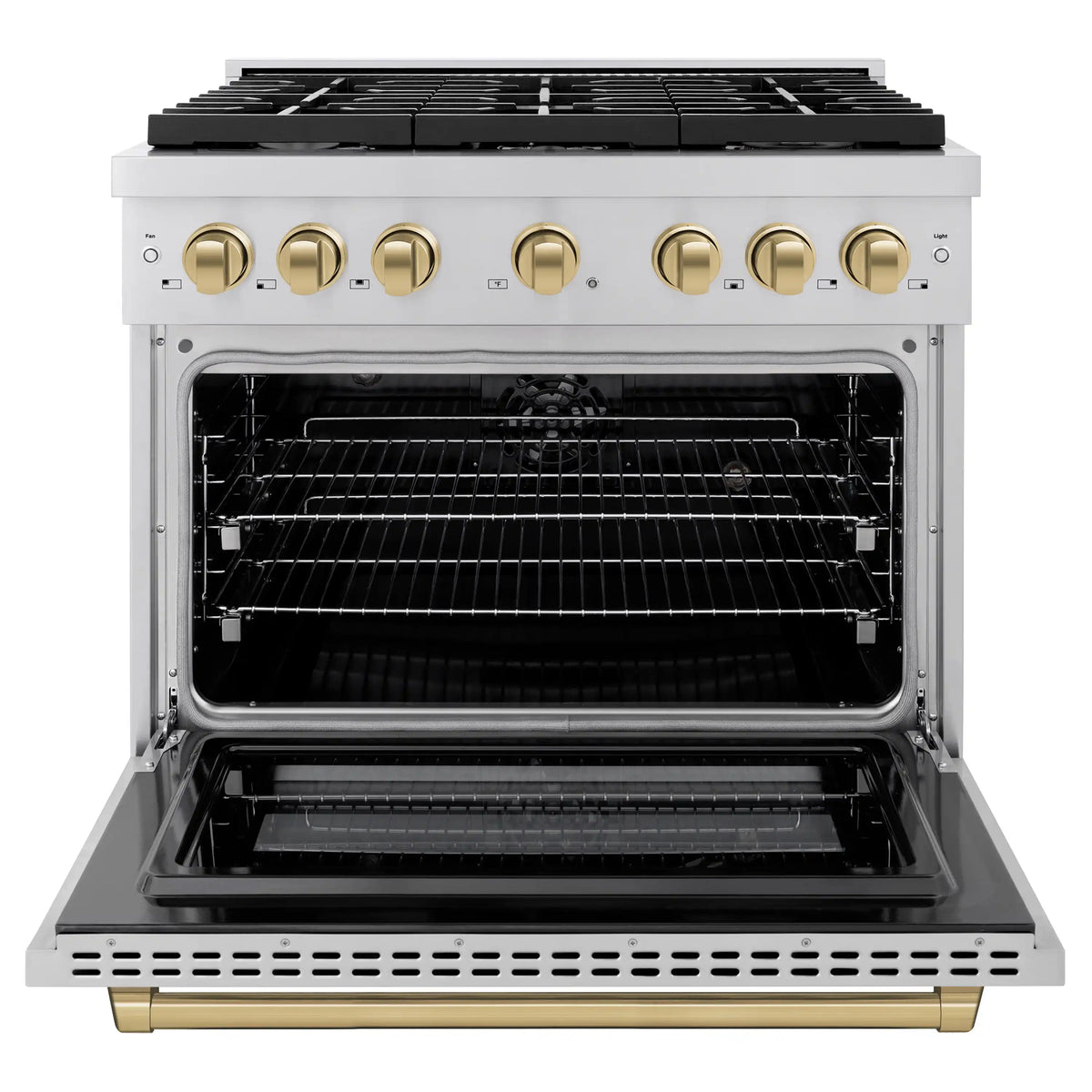 Stainless dual fuel range with open electric convection oven and black wire racks